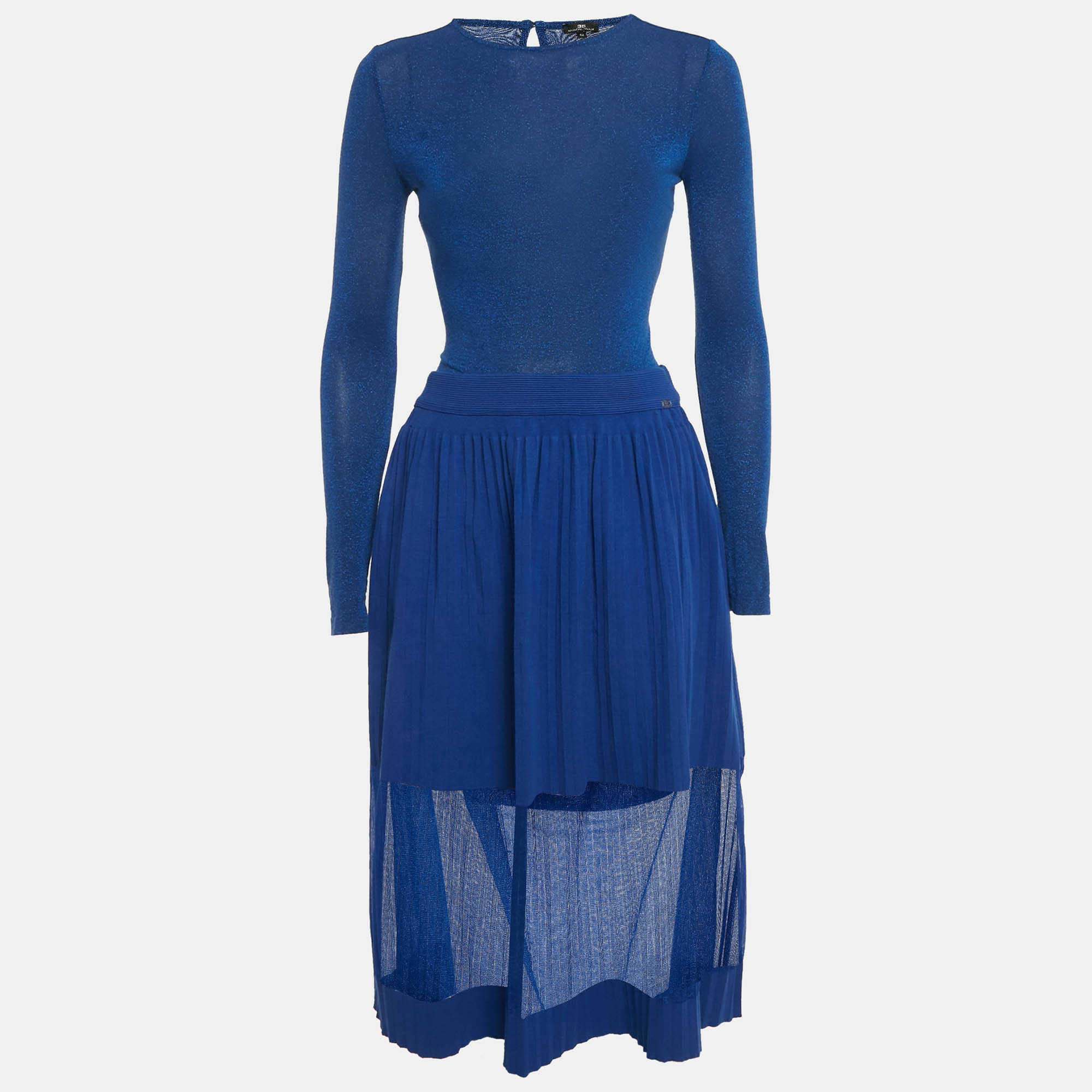 Pre-owned Elisabetta Franchi Blue Lurex Knit Body Suit & Skirt Set M