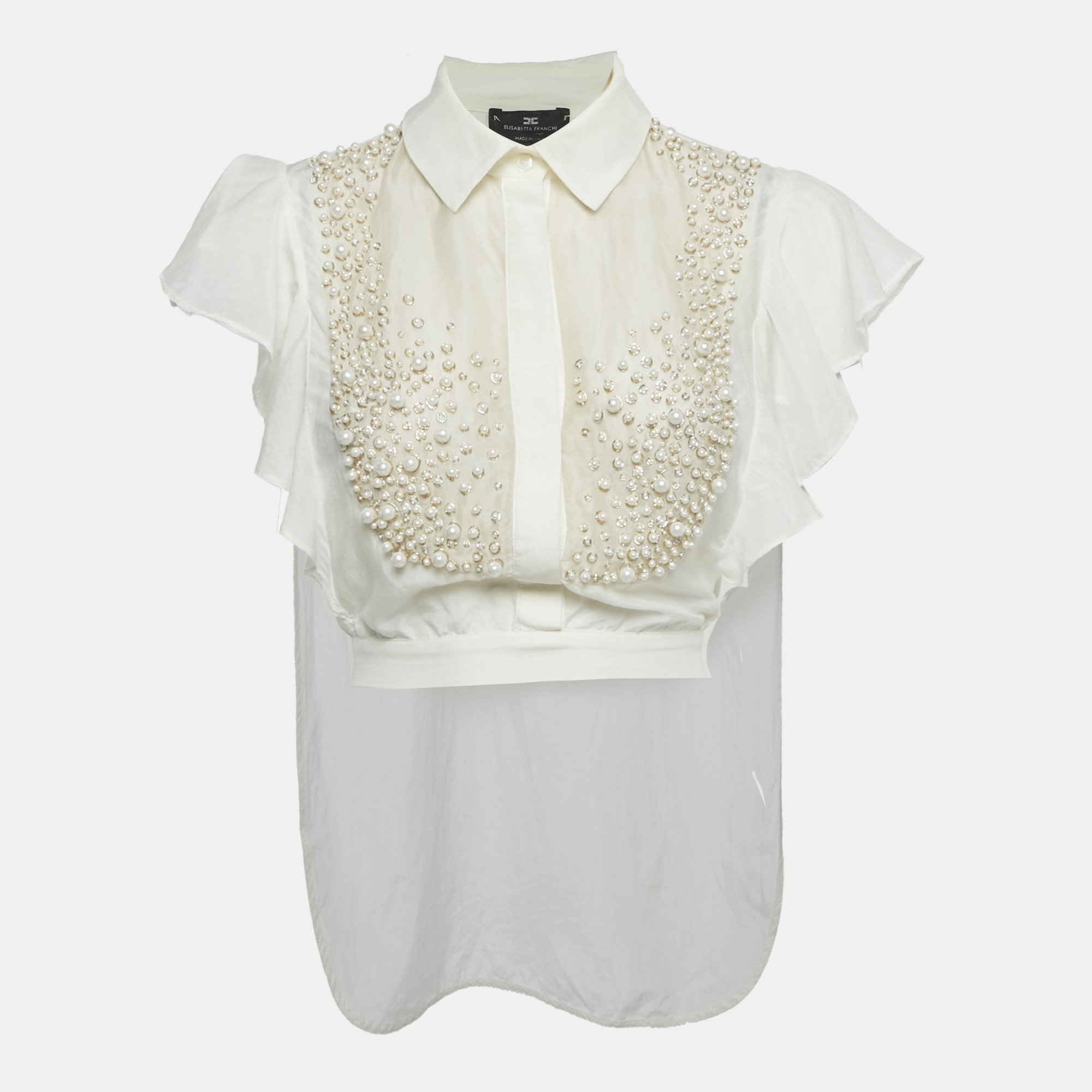 Pre-owned Elisabetta Franchi White Cotton Pearl Embellished Hem Tie Detail Side Open Top M