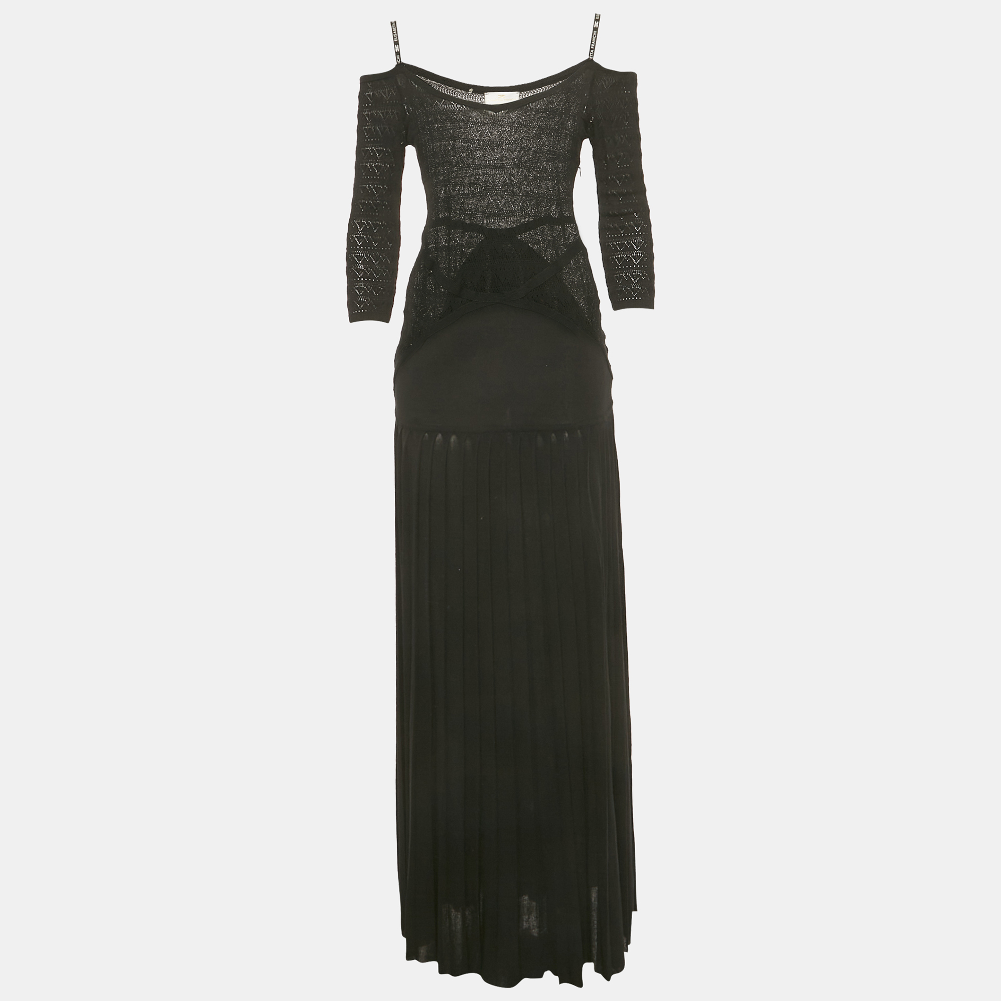 Pre-owned Elisabetta Franchi Black Perforated Knit Off Shoulder Maxi Dress L