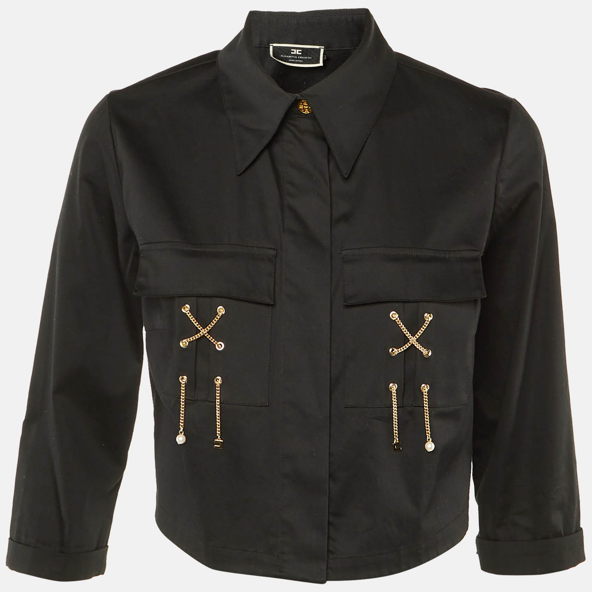 

Elisabetta Franchi Black Cotton Knit Chain Detail Crop Jacket M
