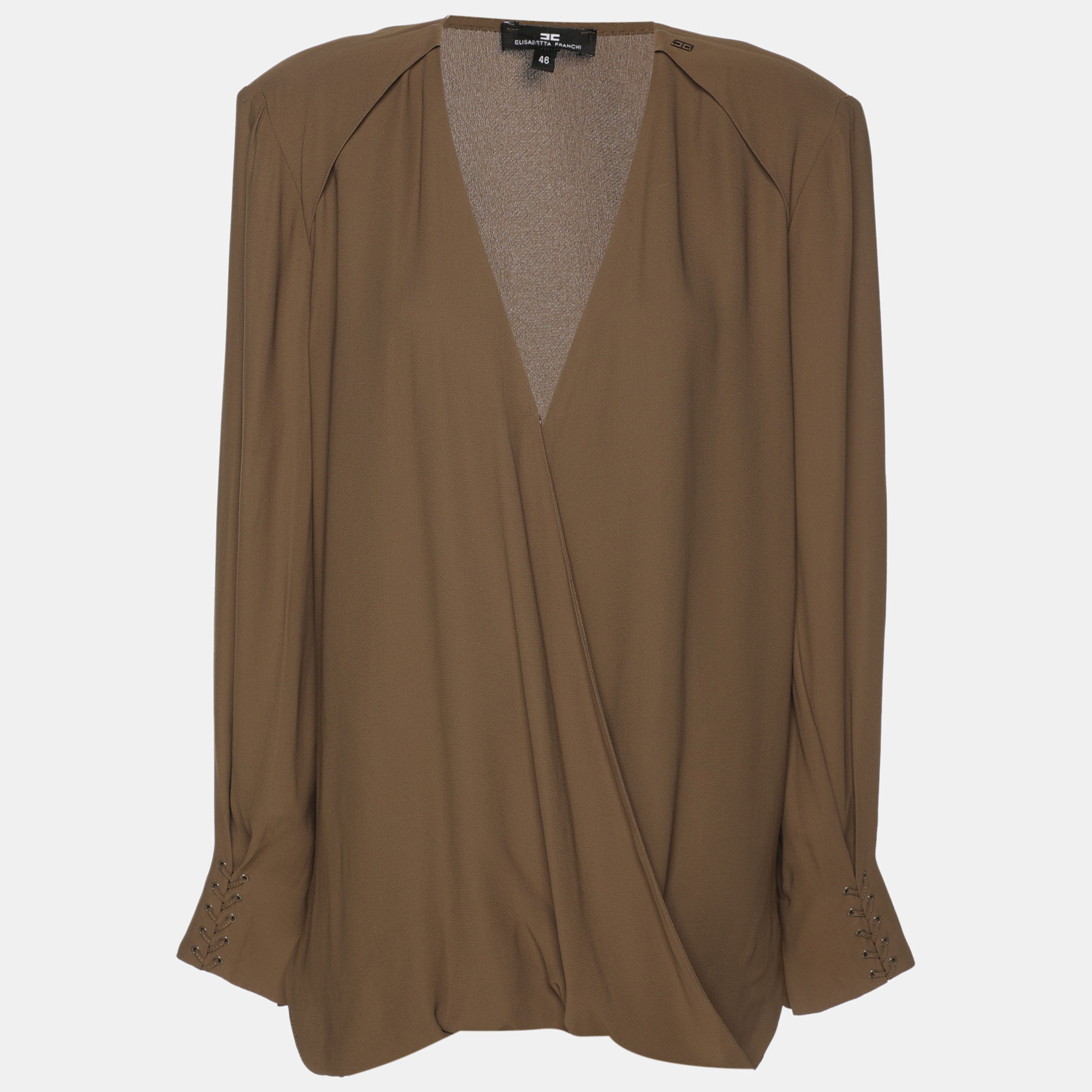 Pre-owned Elisabetta Franchi Khaki Crepe Camicia Blouse L In Green