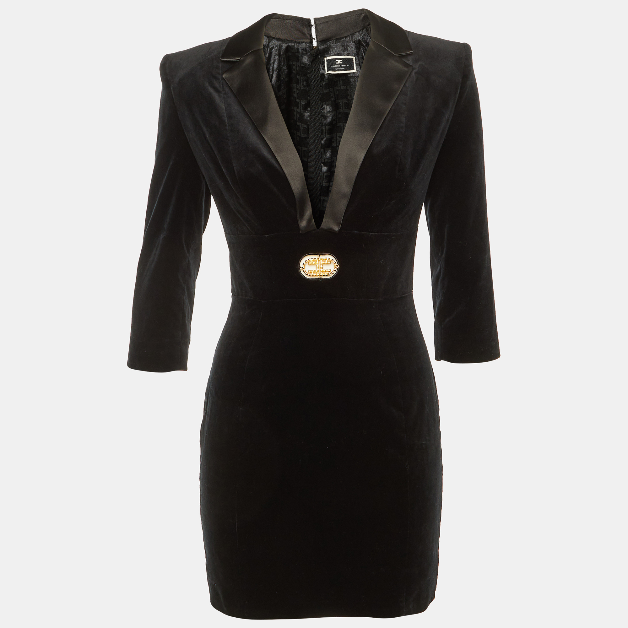 Pre-owned Elisabetta Franchi Black Velvet Logo Detail Mini Dress S