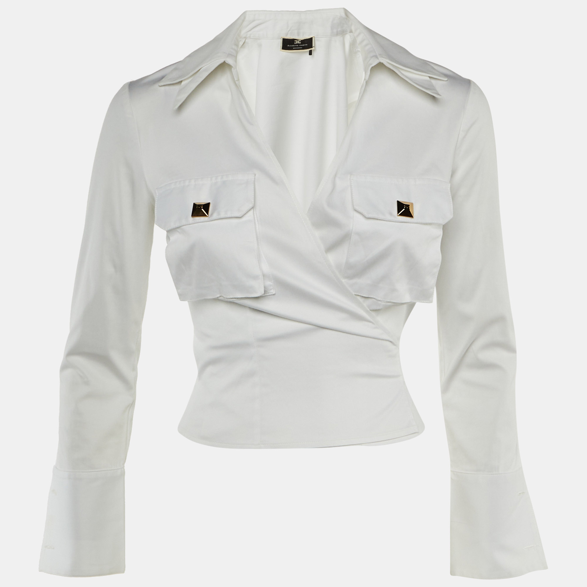 Pre-owned Elisabetta Franchi White Cotton Wrap Around Top S