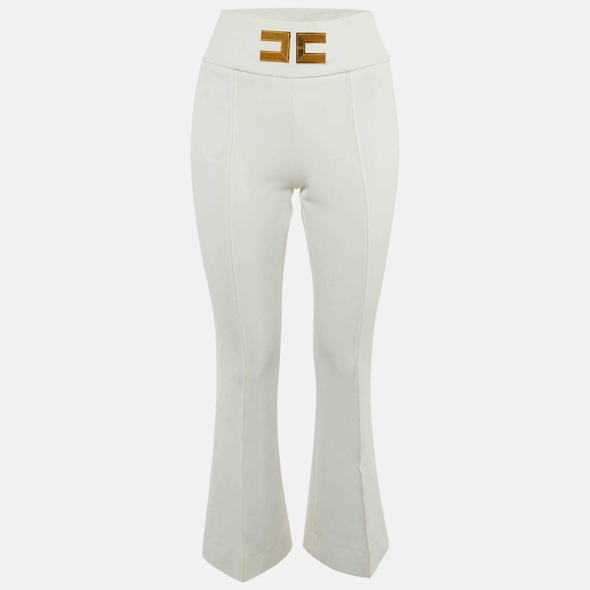 Pre-owned Elisabetta Franchi White Crepe Logo Flared Trousers S