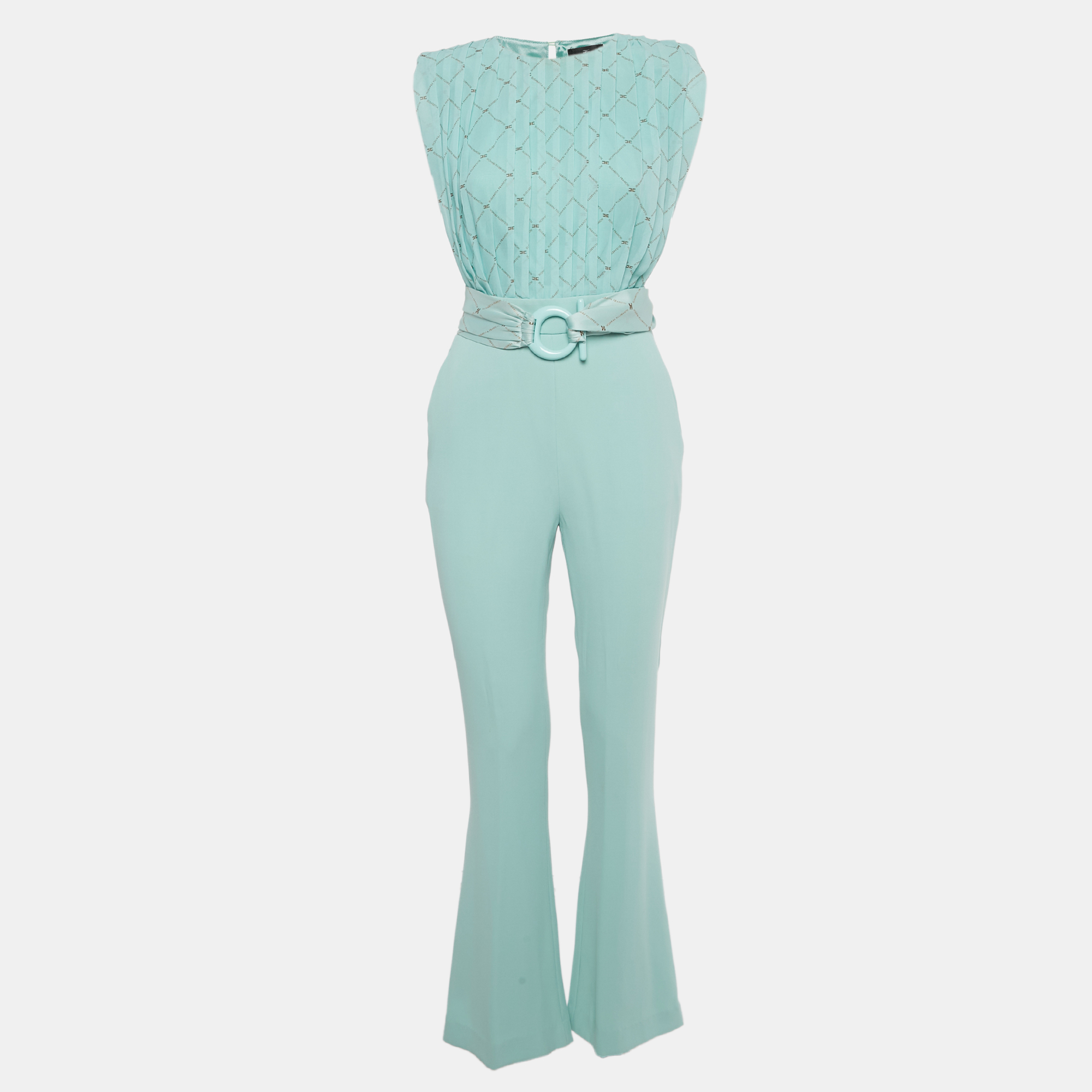 Pre-owned Elisabetta Franchi Blue Logo Print Chiffon And Crepe Jumpsuit S
