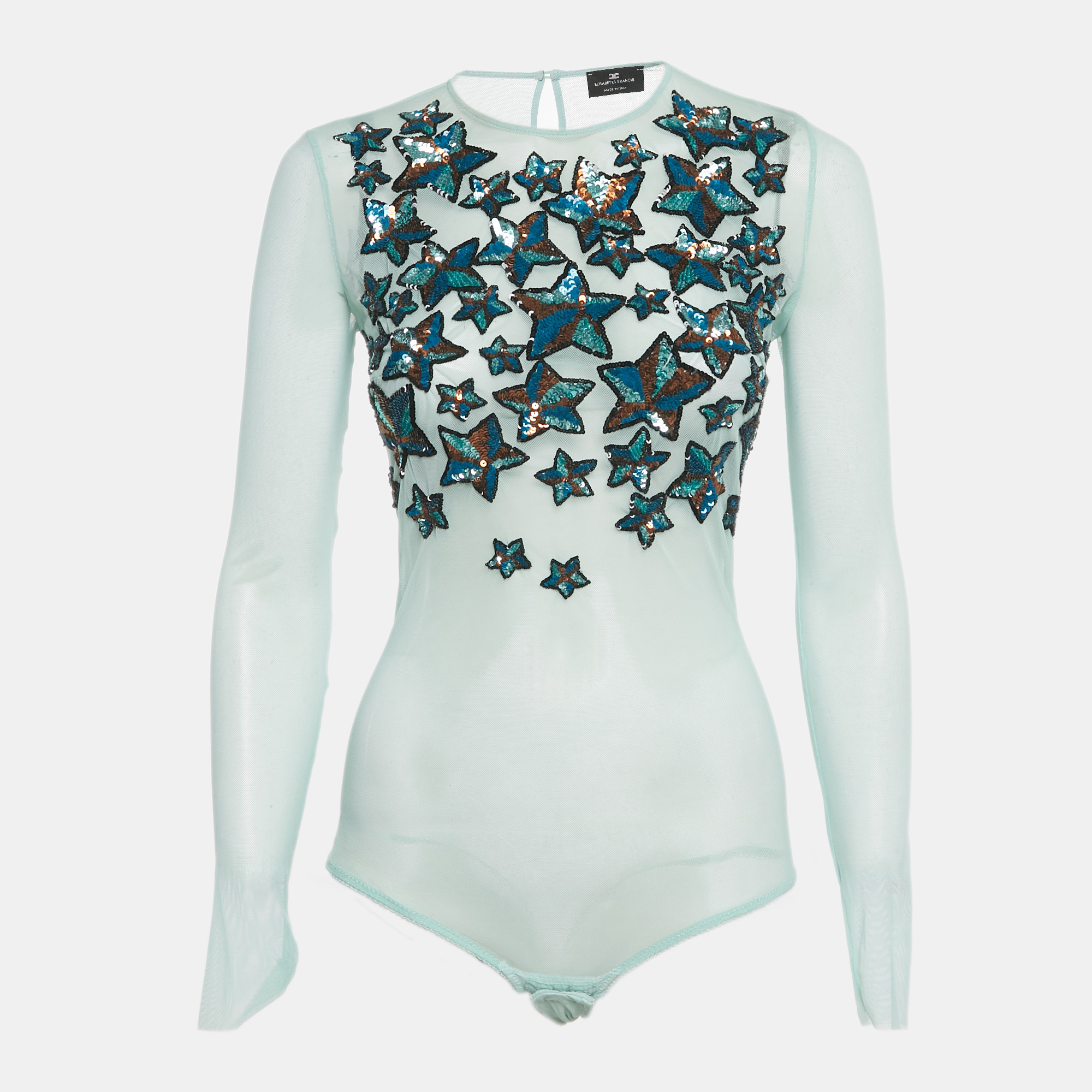 Pre-owned Elisabetta Franchi Aqua Green Embellished Star Detail Mesh Body Suit M