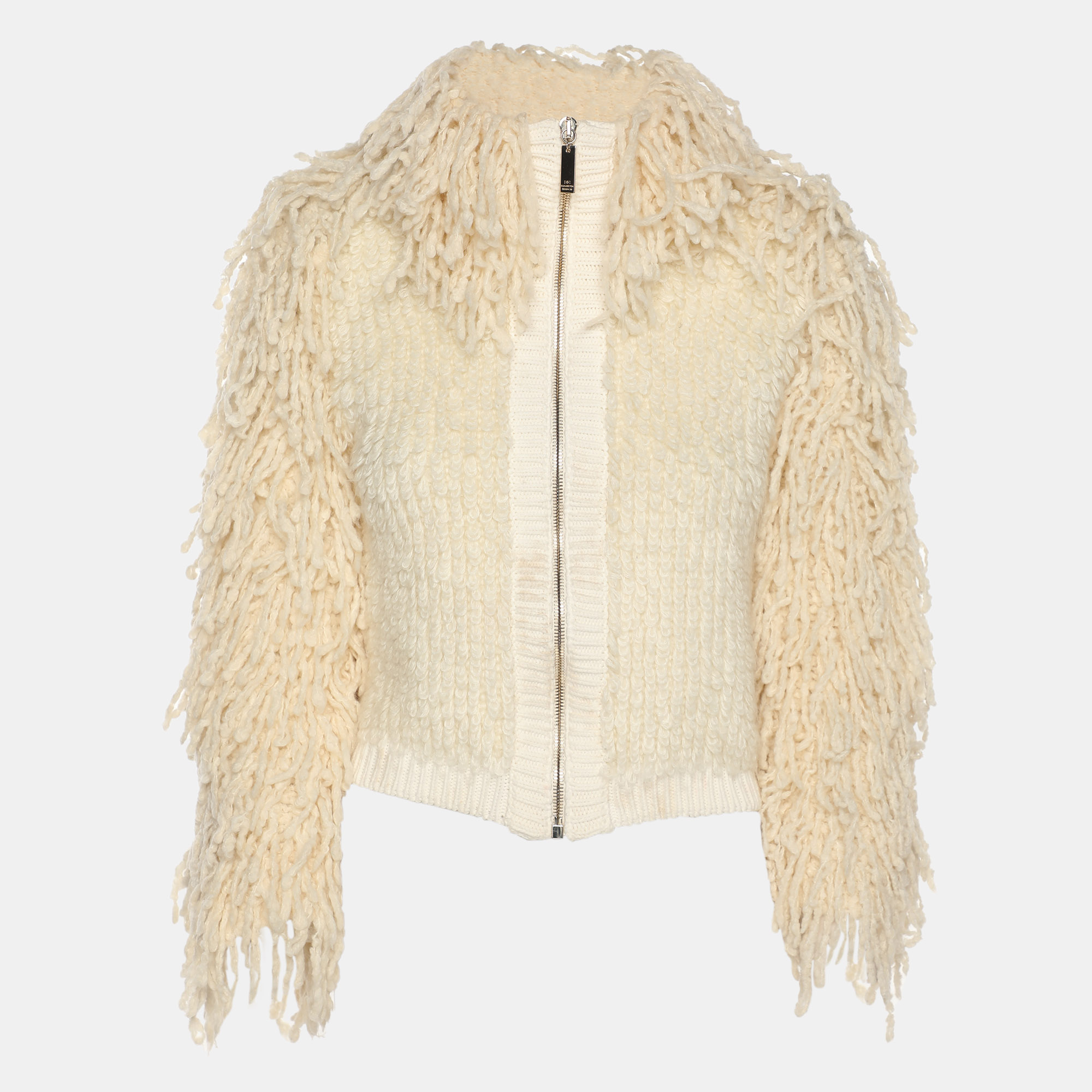 ELISABETTA FRANCHI Pre-owned Cream Knitted Mohair Blend Fringes Cropped Jacket S In White