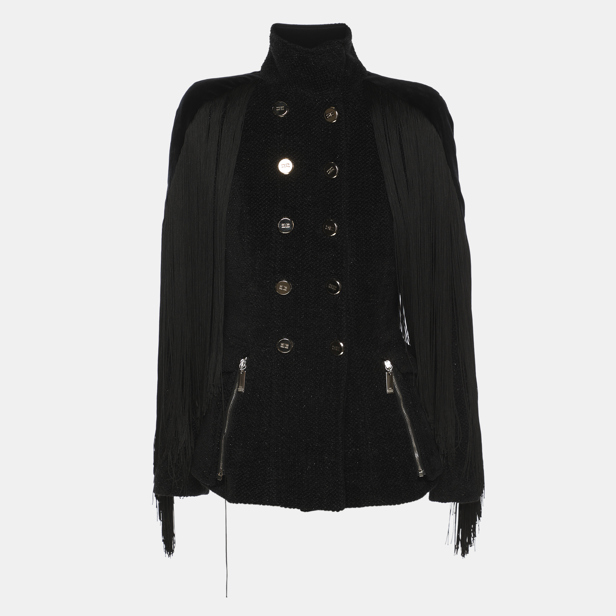 

Elisabetta Franchi Black Wool Blend Fringes Buttoned Jacket S