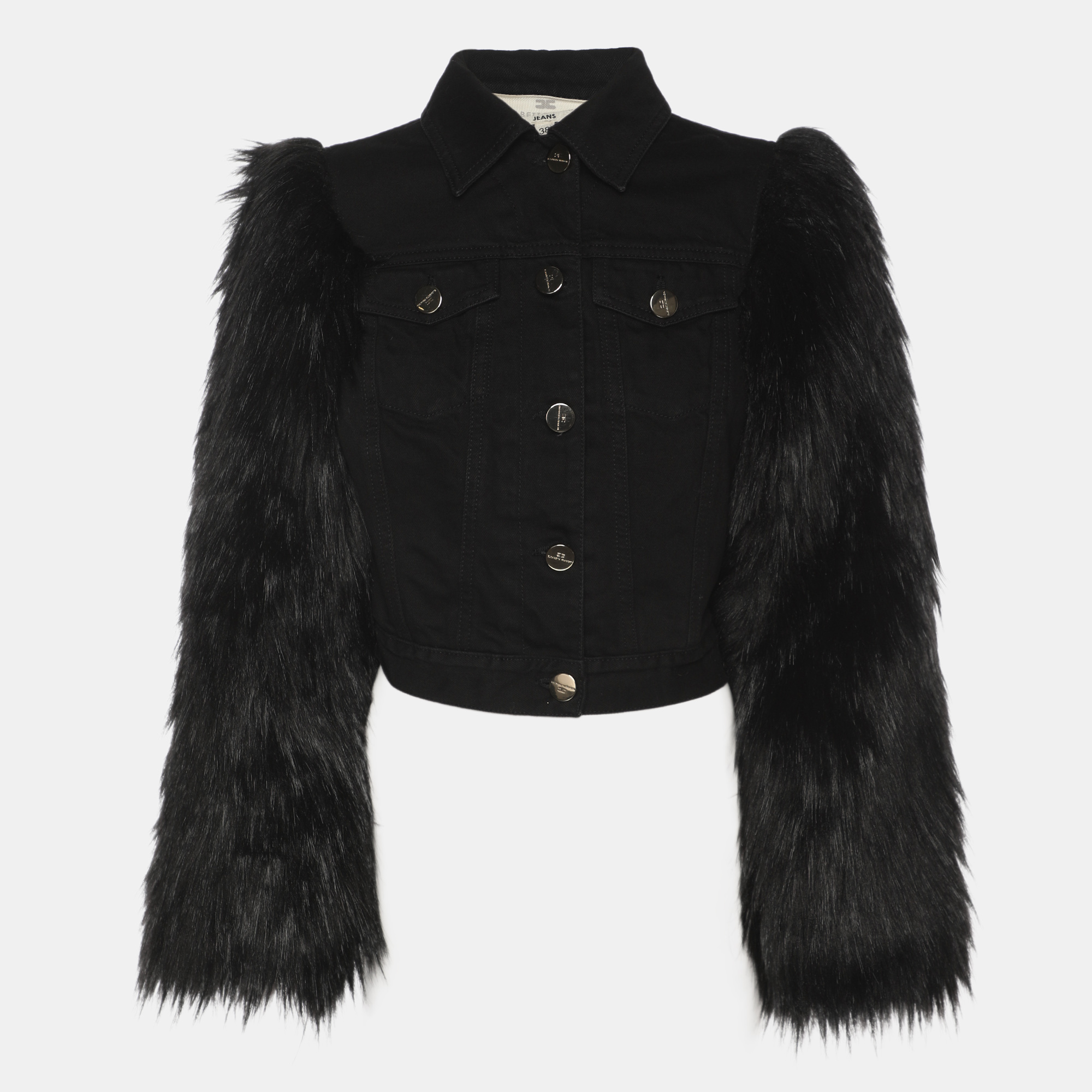 Pre-owned Elisabetta Franchi Black Denim And Faux Fur Cropped Jacket S