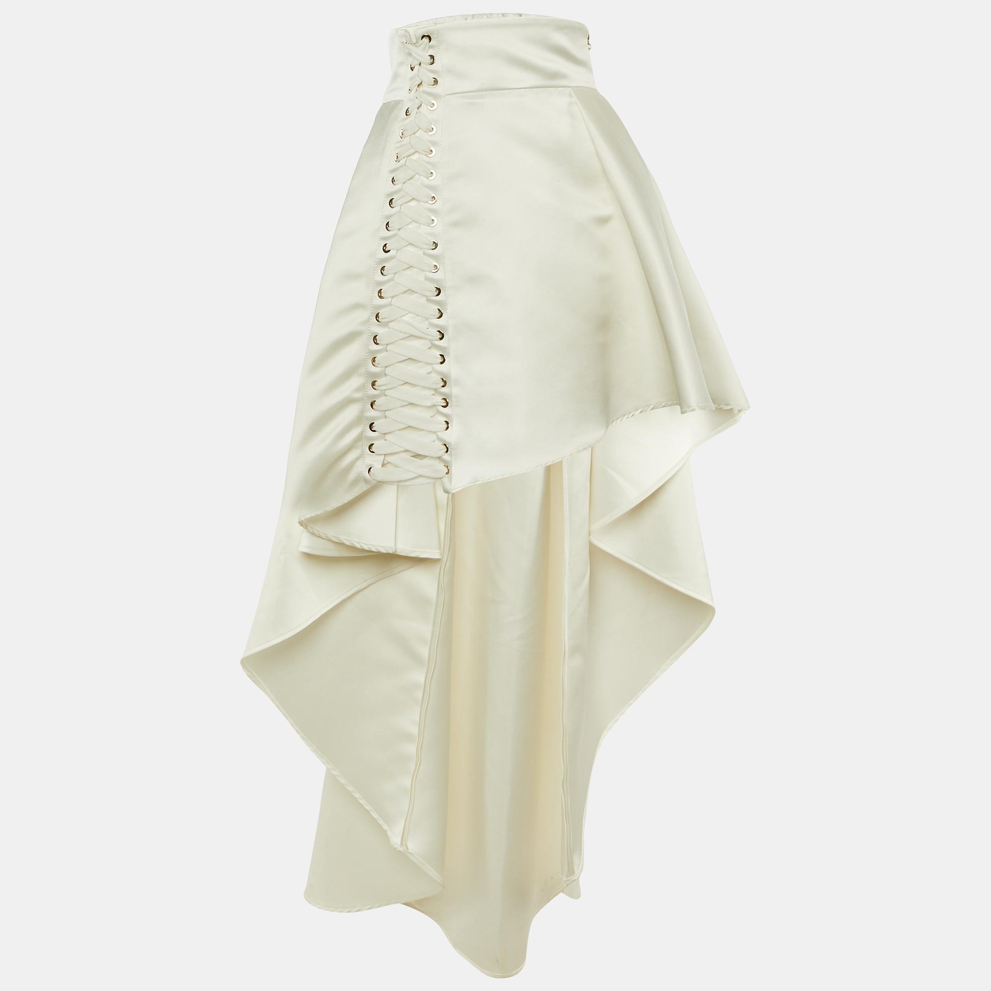 ELISABETTA FRANCHI Pre-owned White Satin Crisscross Detail High Low Skirt S