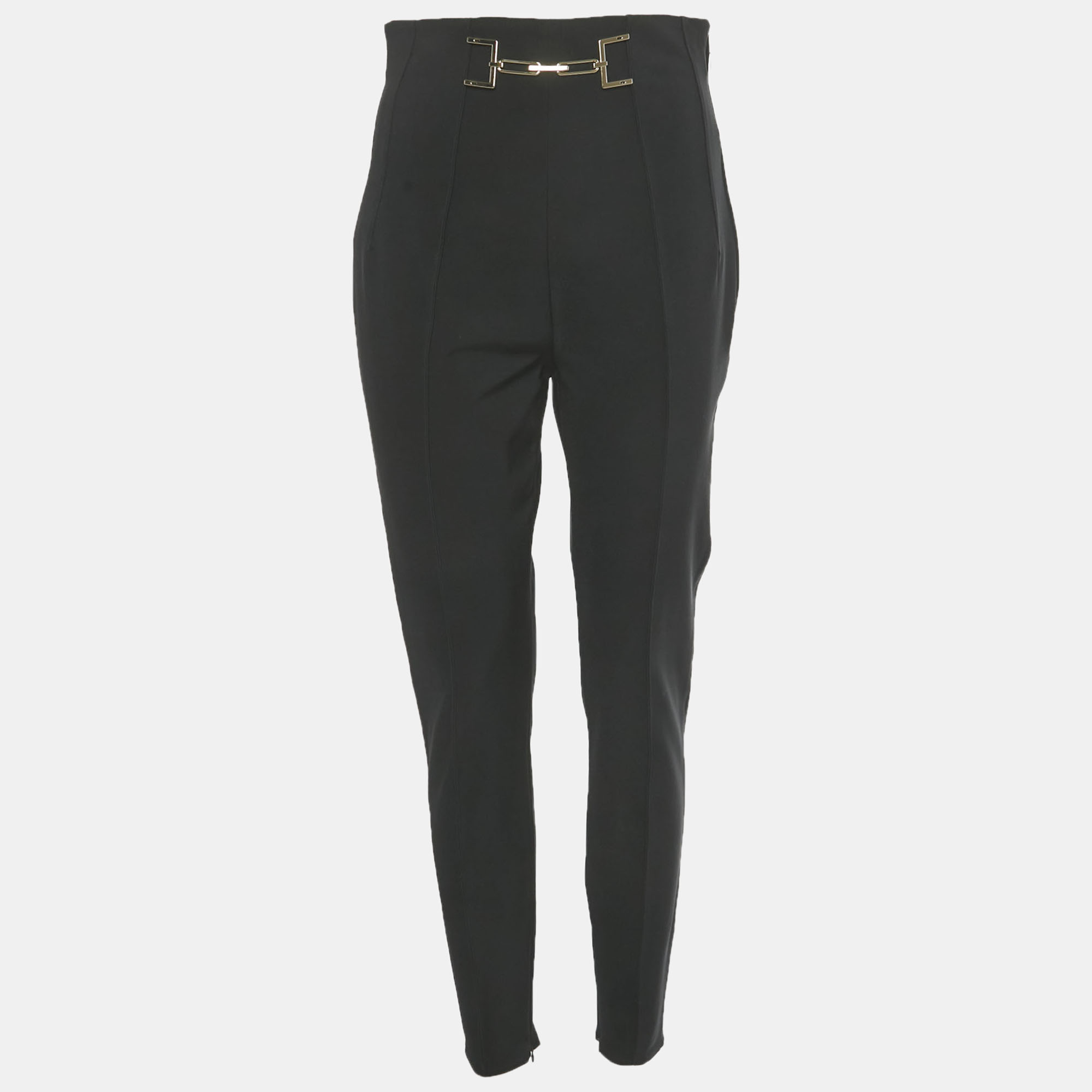 Pre-owned Elisabetta Franchi Black Gabardine Waist Detail Trousers L