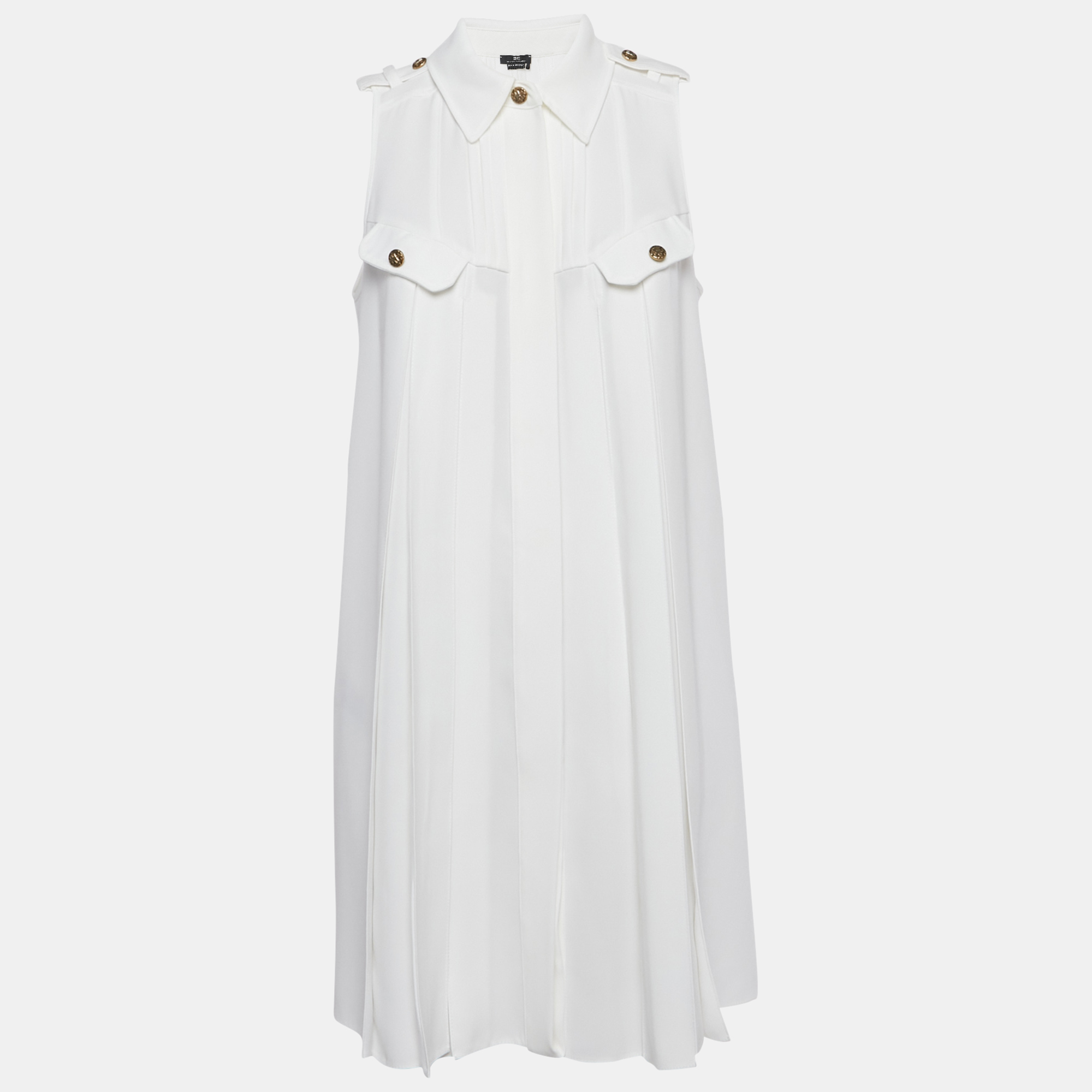 

Elisabetta Franchi White Crepe Pleated Mini Shirt Dress M