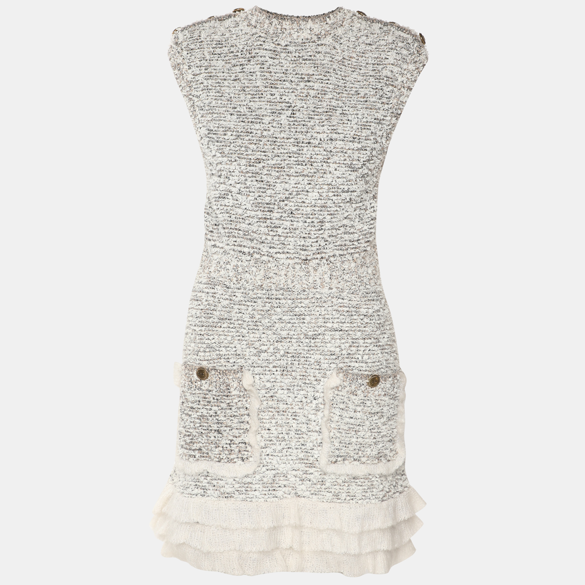 

Elisabetta Franchi White/Beige Tweed Sleeveless Midi Dress S