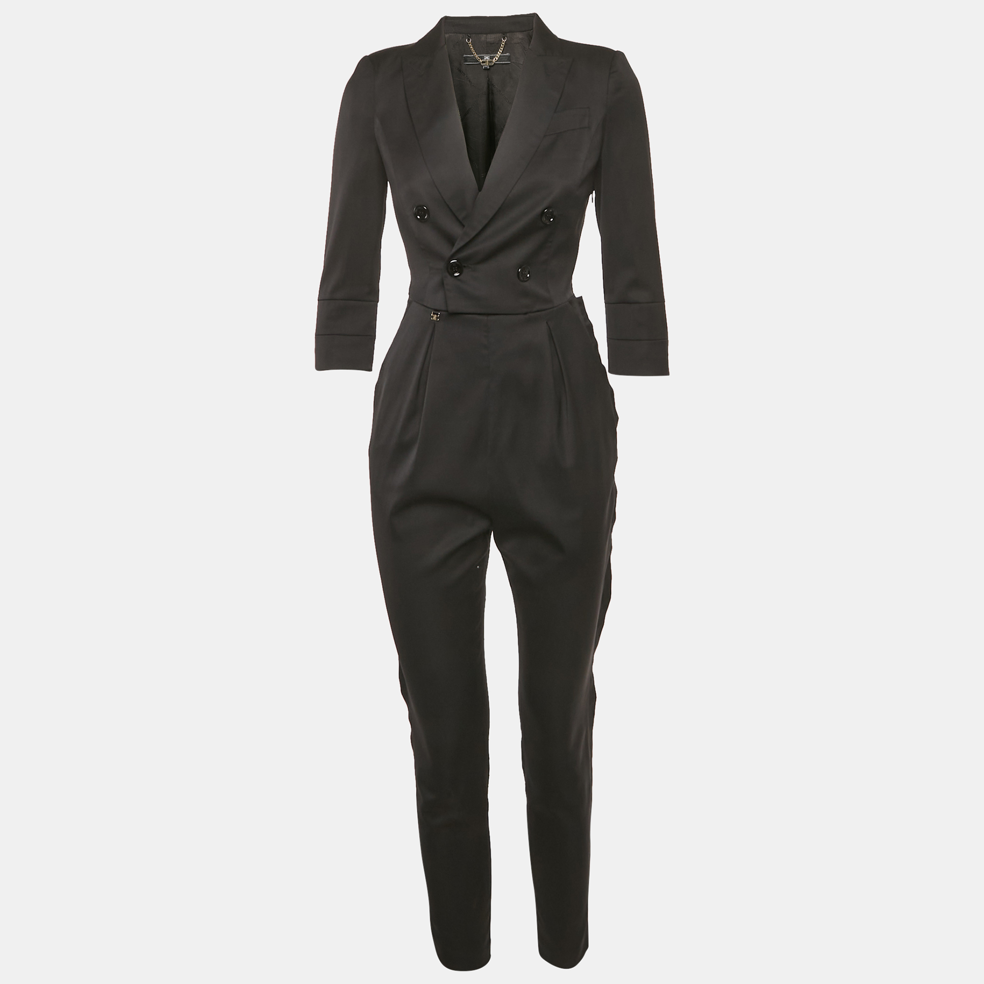 Pre-owned Elisabetta Franchi Black Wool Crepe Double Breasted Jumpsuit S