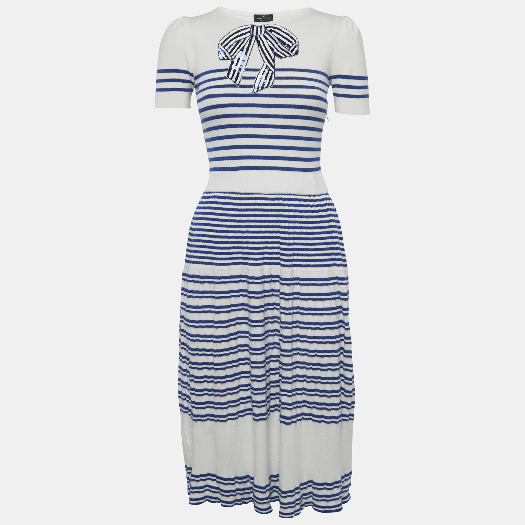 

Elisabetta Franchi White & Blue Knit Bow Sequin Detail Midi Dress M