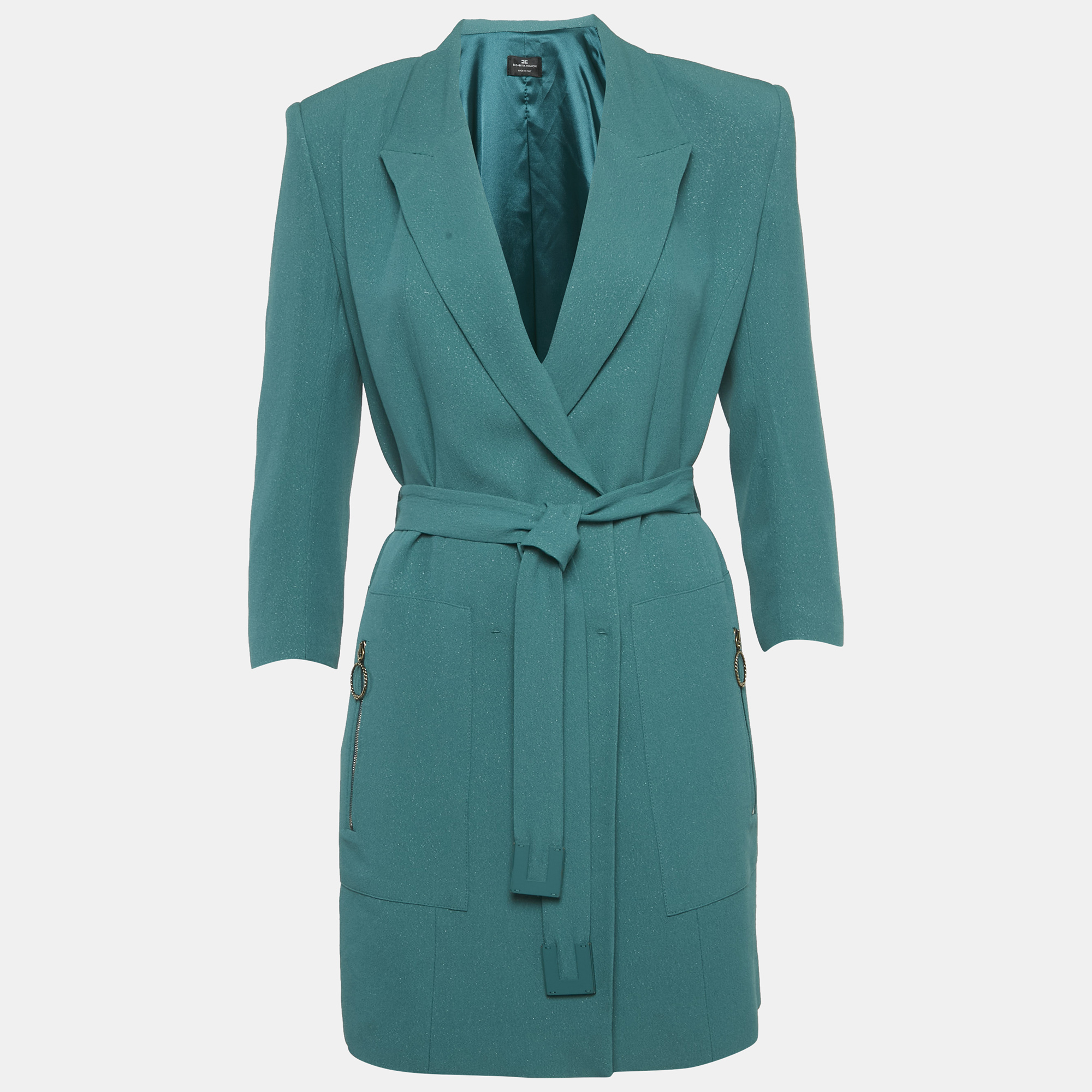 

Elisabetta Franchi Green Shimmering Crepe Belted Double Breasted Jacket M