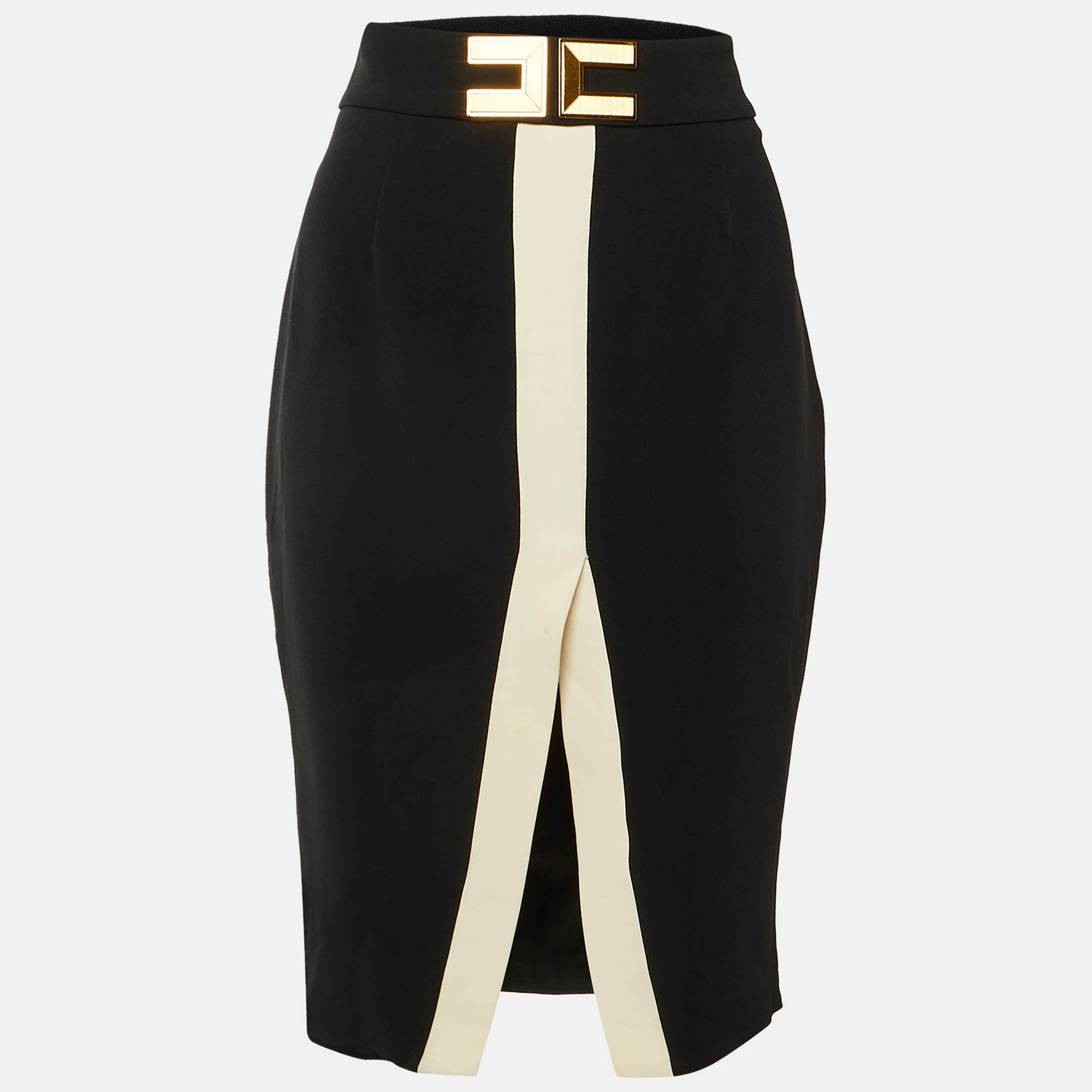 

Elisabetta Franchi Black /Beige Logo Plaque Crepe Pencil Skirt M