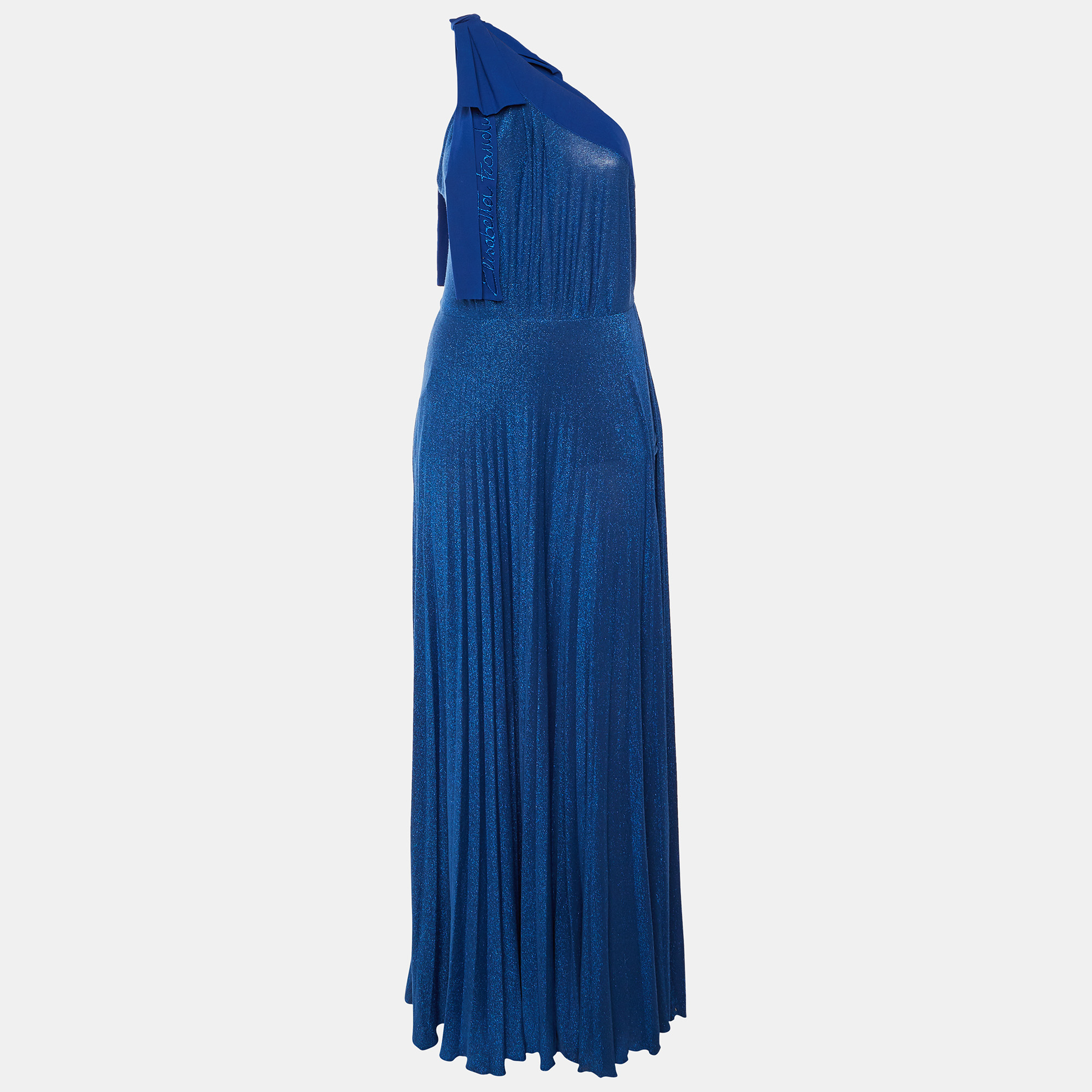 

Elisabetta Franchi Blue Lurex Knit Bow Detail One Shoulder Maxi Dress L
