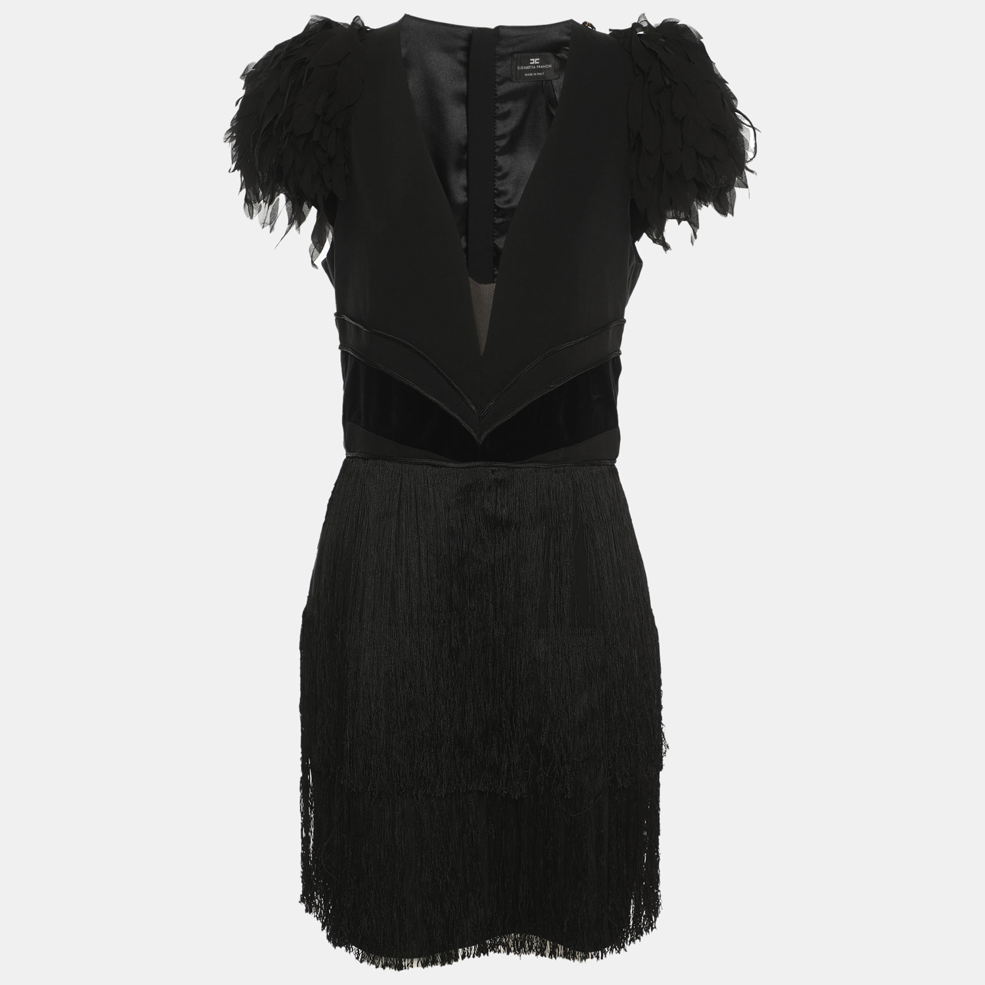 

Elisabetta Franchi Black Floral Applique Fringe Mini Dress XL