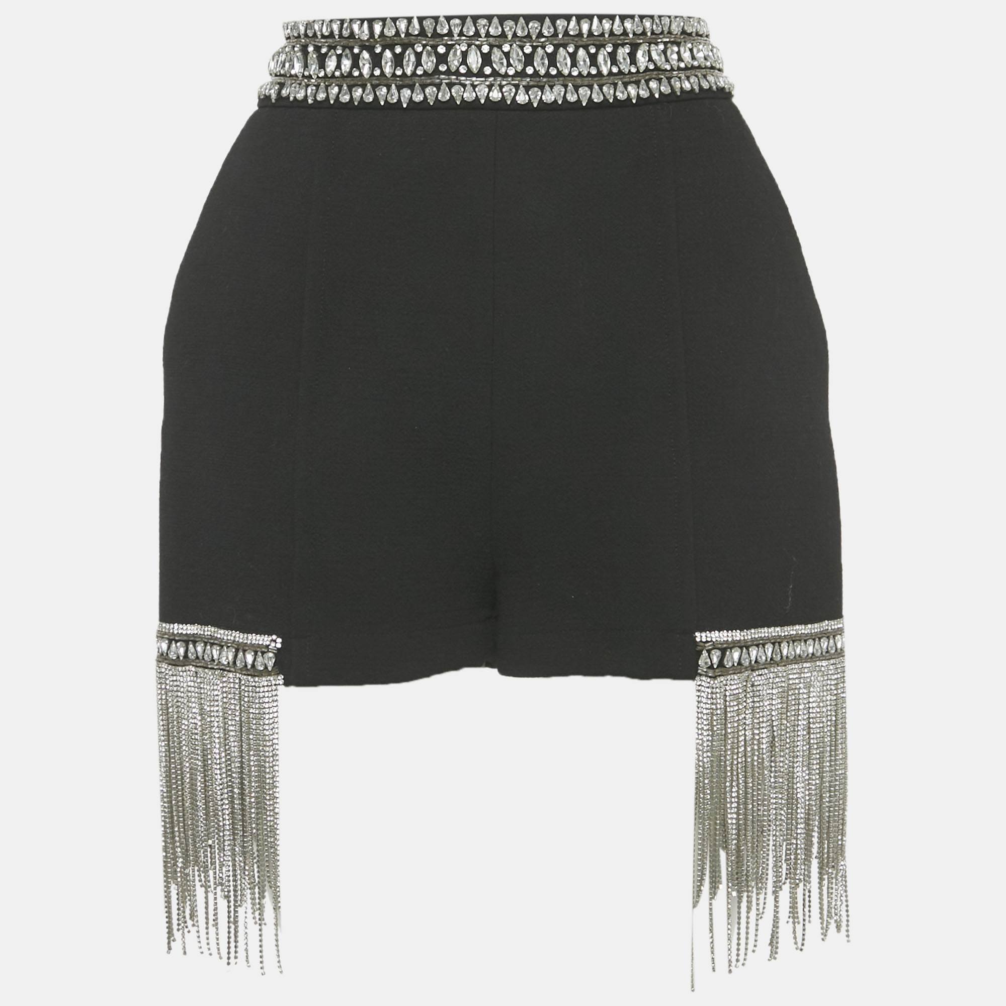 

Elisabetta Franchi Black Wool Rhinestone Embellished Fringe Shorts M