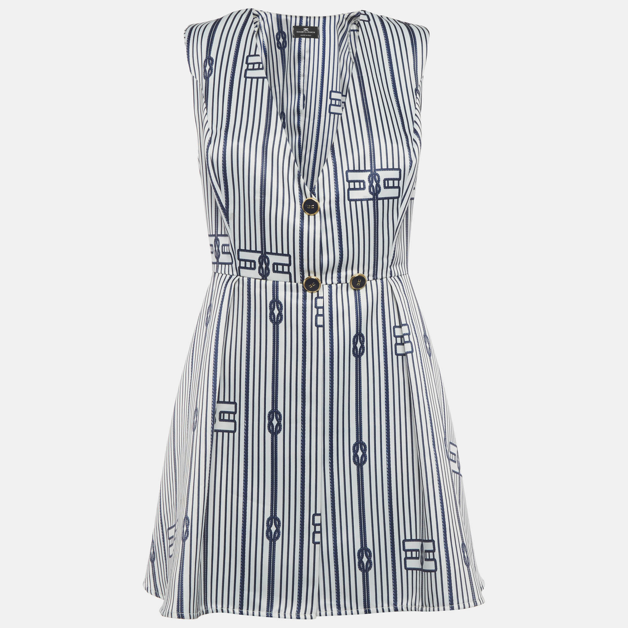

Elisabetta Franchi White/Blue Knot Print Satin Flare Mini Dress S
