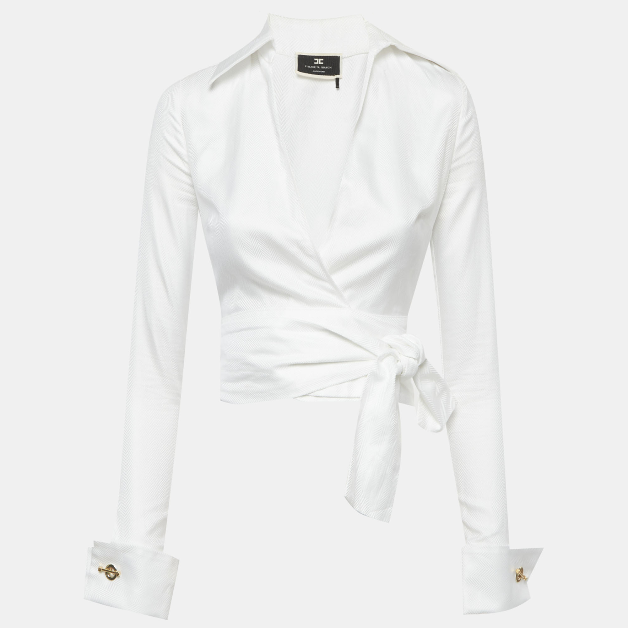 

Elisabetta Franchi White Patterned Cotton Wrap Shirt S