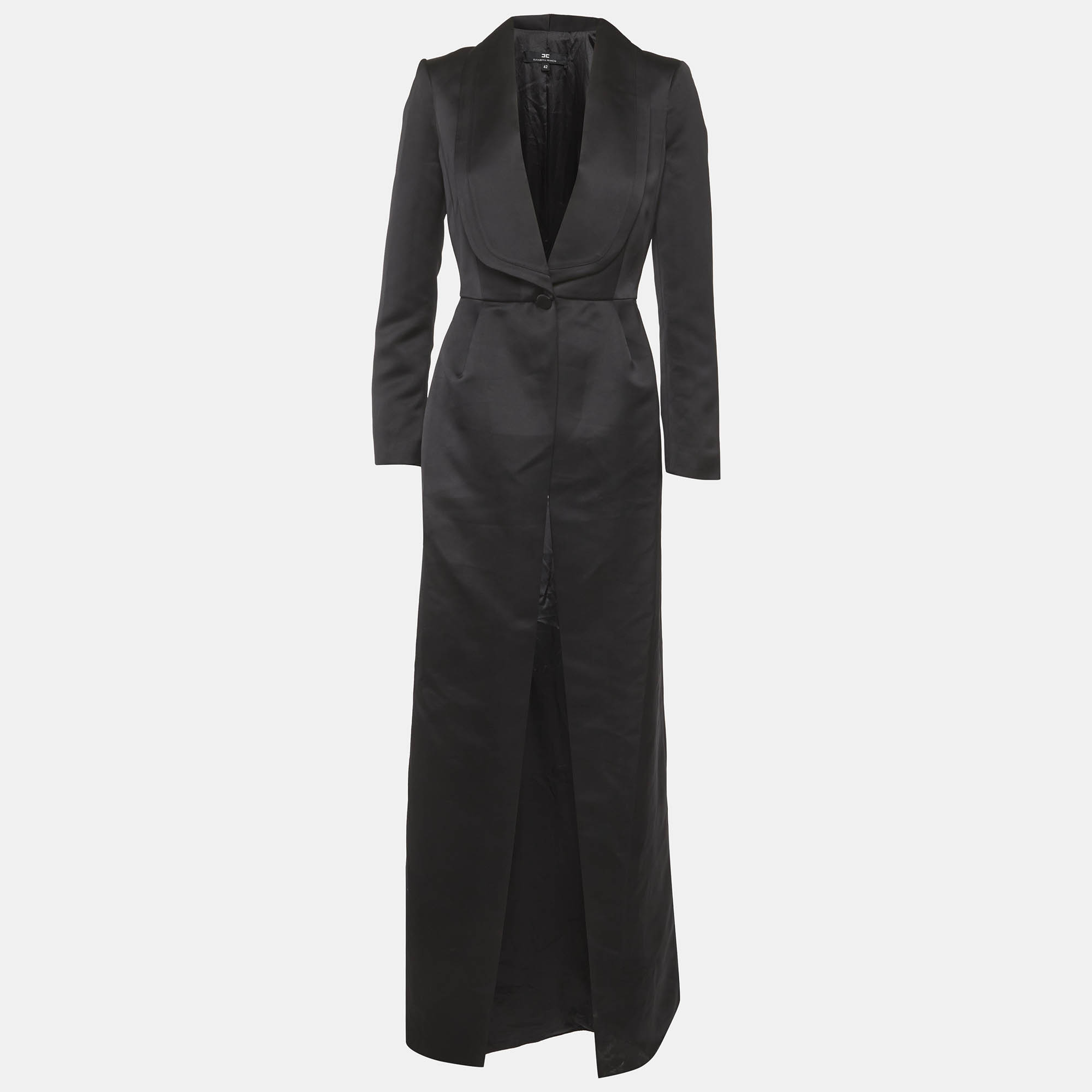 

Elisabetta Franchi Black Satin Shawl Collar Long Coat M