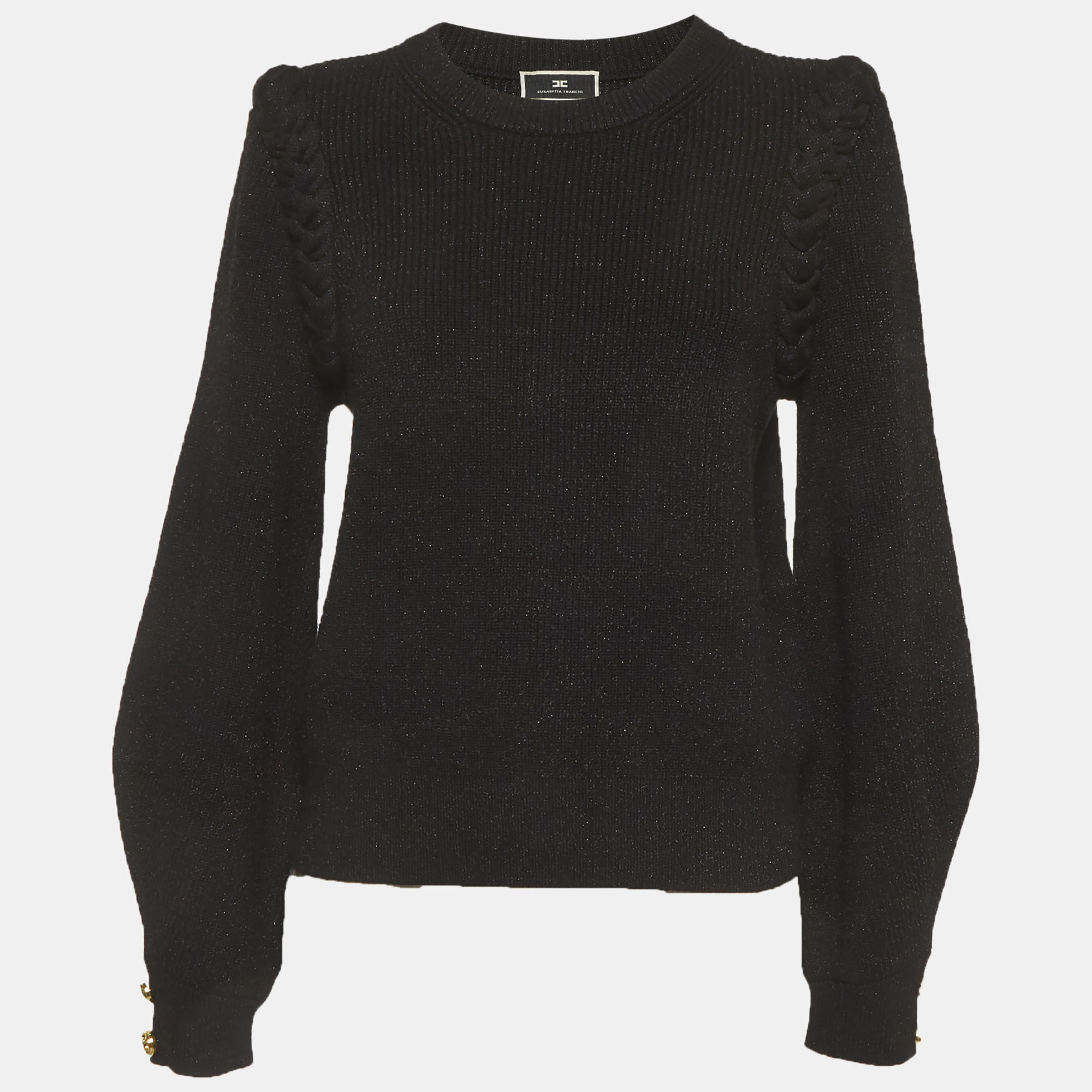 

Elisabetta Franchi Black Rib Knit Braided Trim Sweater L