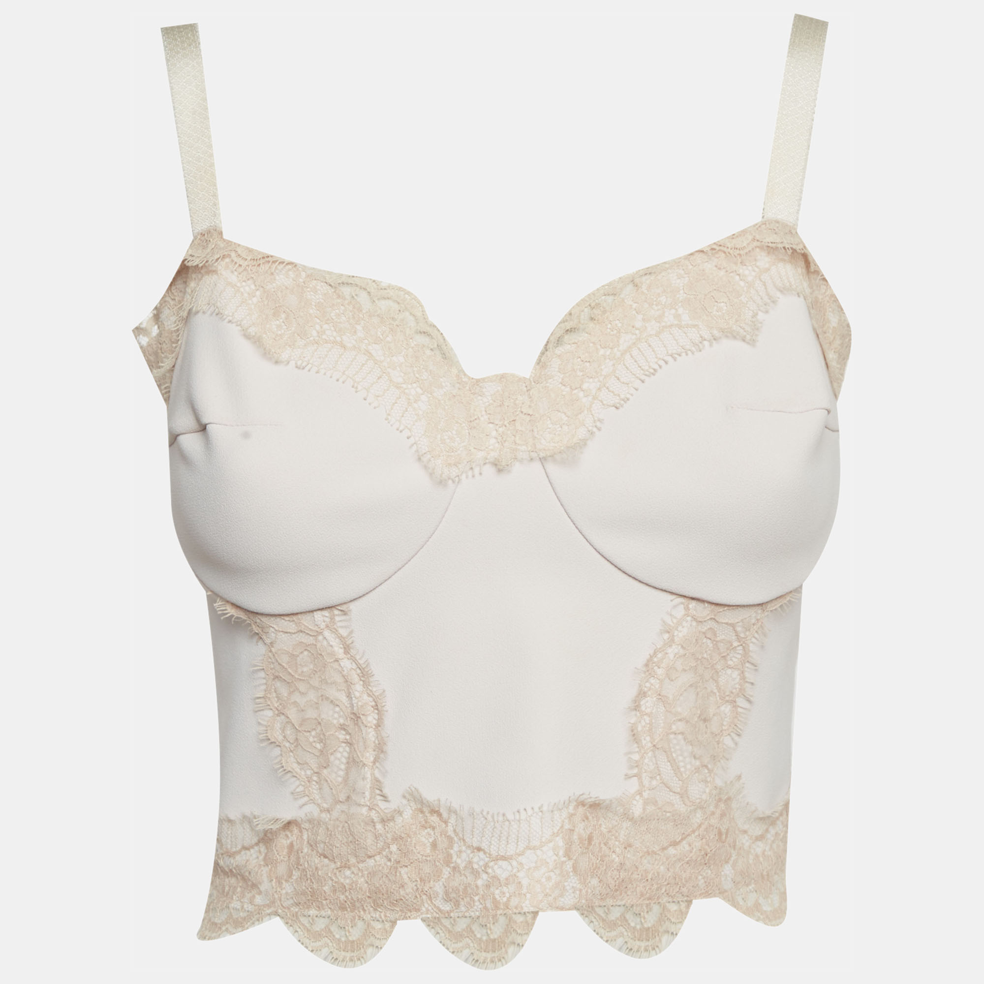 

Elisabetta Franchi Beige Stretch Crepe Lace Trim Corset Top M