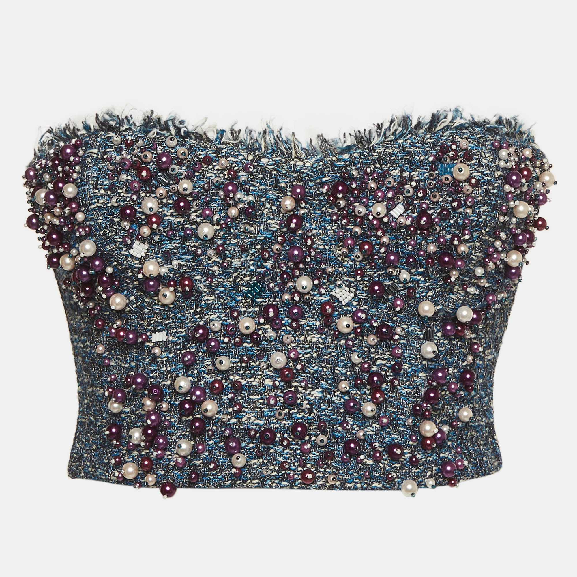 

Elisabetta Franchi Blue Tweed Embroidered Bustier Top S