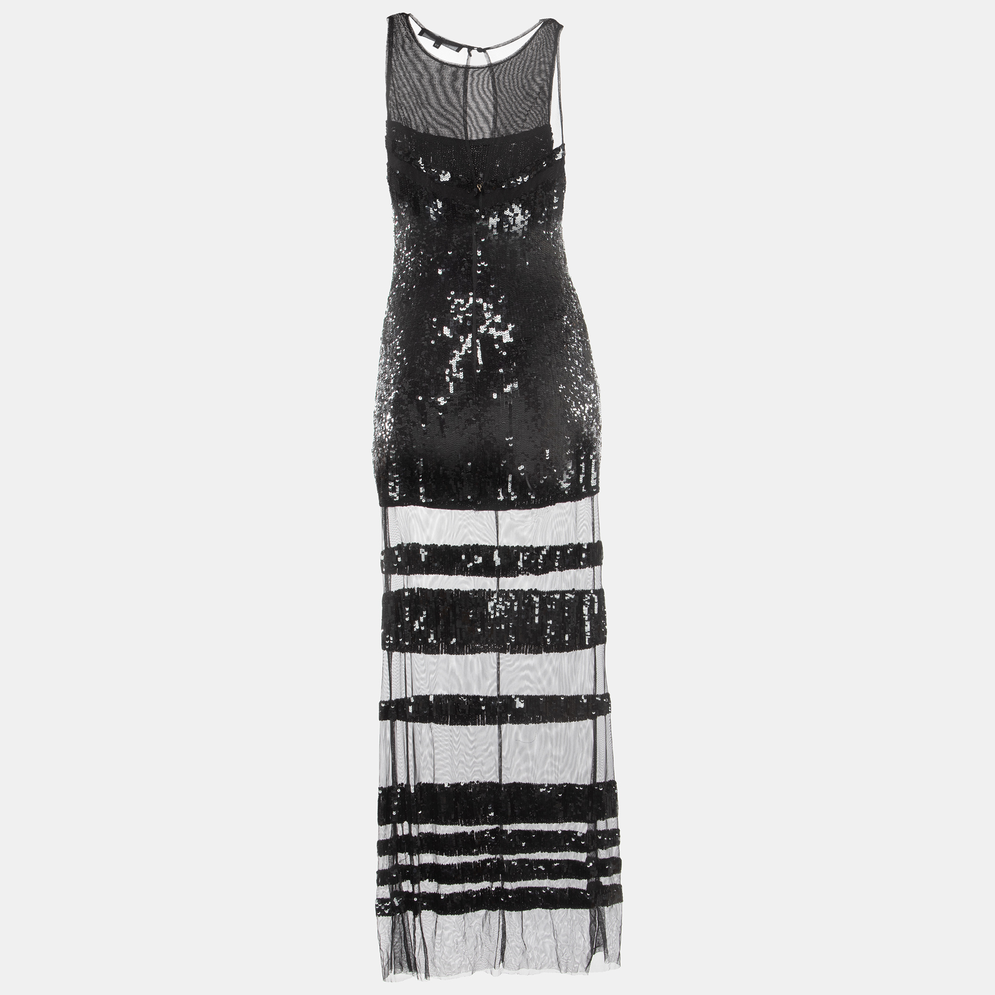 

Elisabetta Franchi Black Striped Sequined Mesh Sleeveless Long Dress
