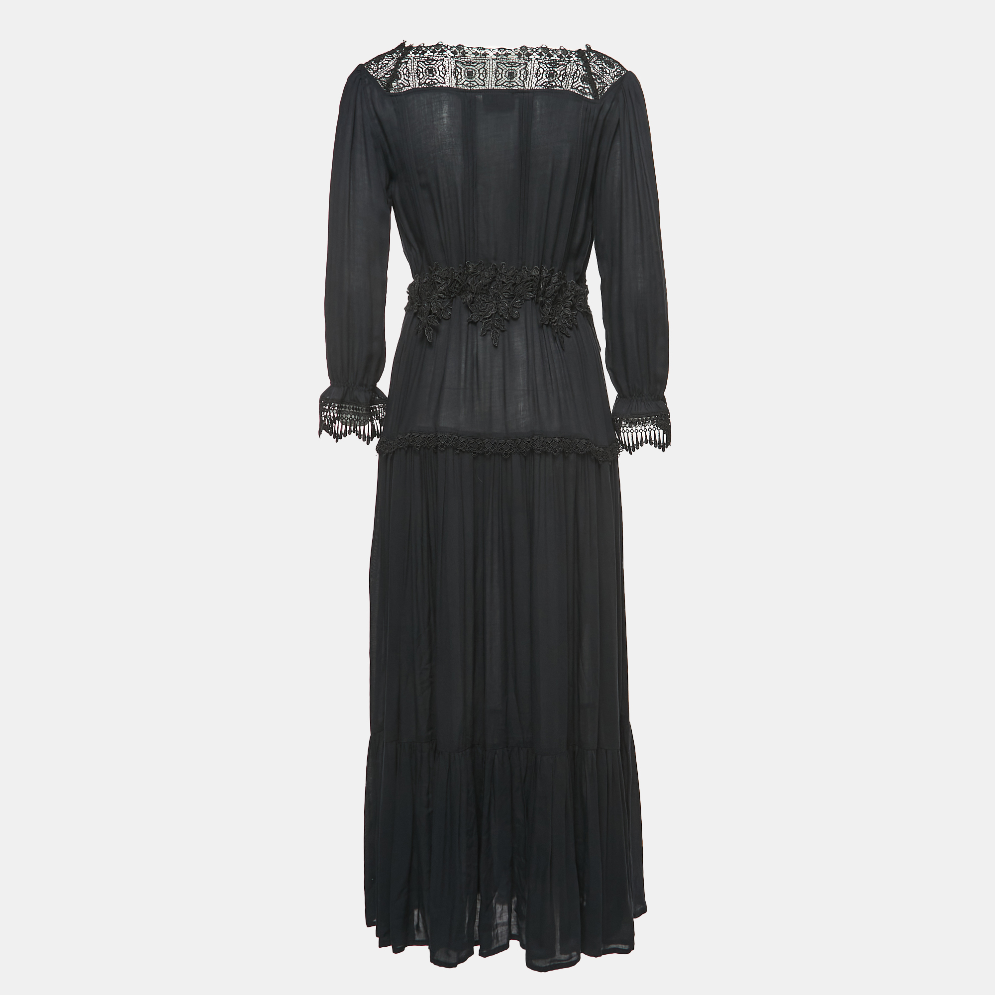 

Elisabetta Franchi Black Crepe Lace Trimmed Maxi Dress