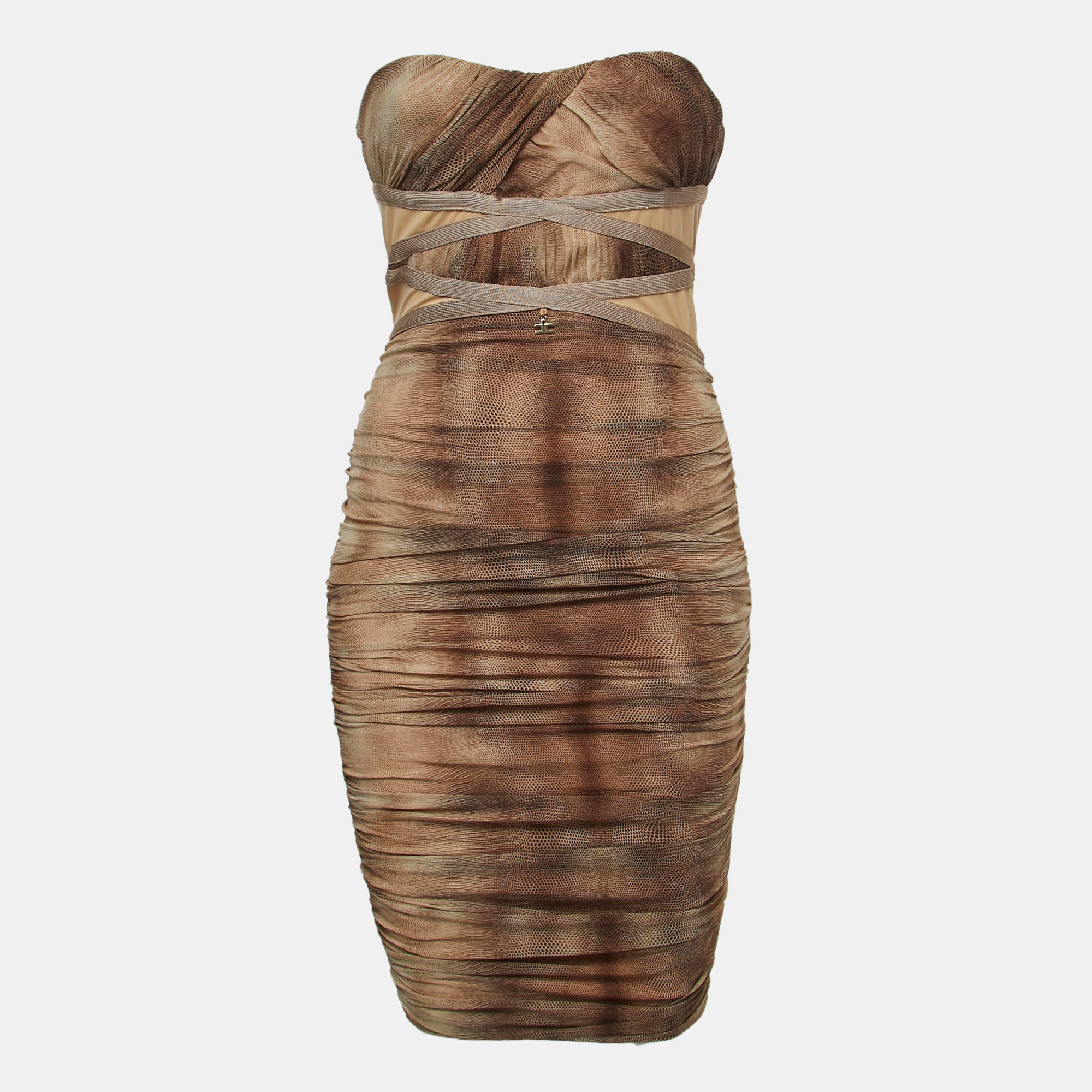 

Elisabetta Franchi Beige/Brown Silk Corset Insert Ruched Strapless Mini Dress