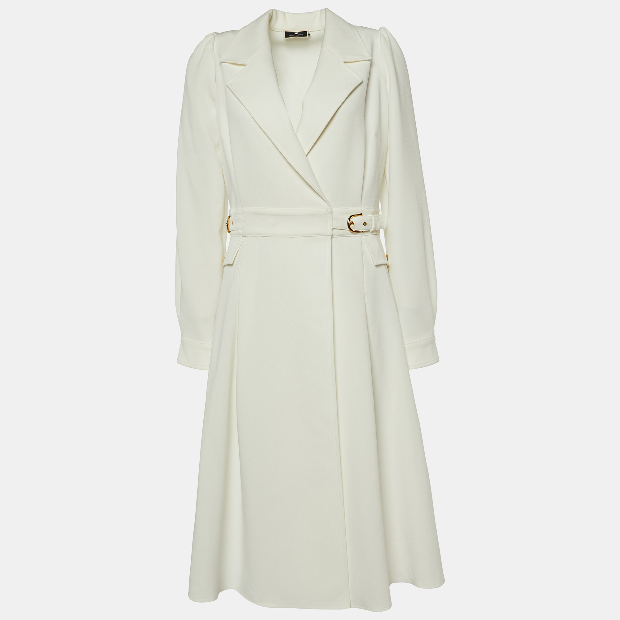 Pre Owned Elisabetta Franchi White Crepe Faux Wrap Coat Midi Dress M