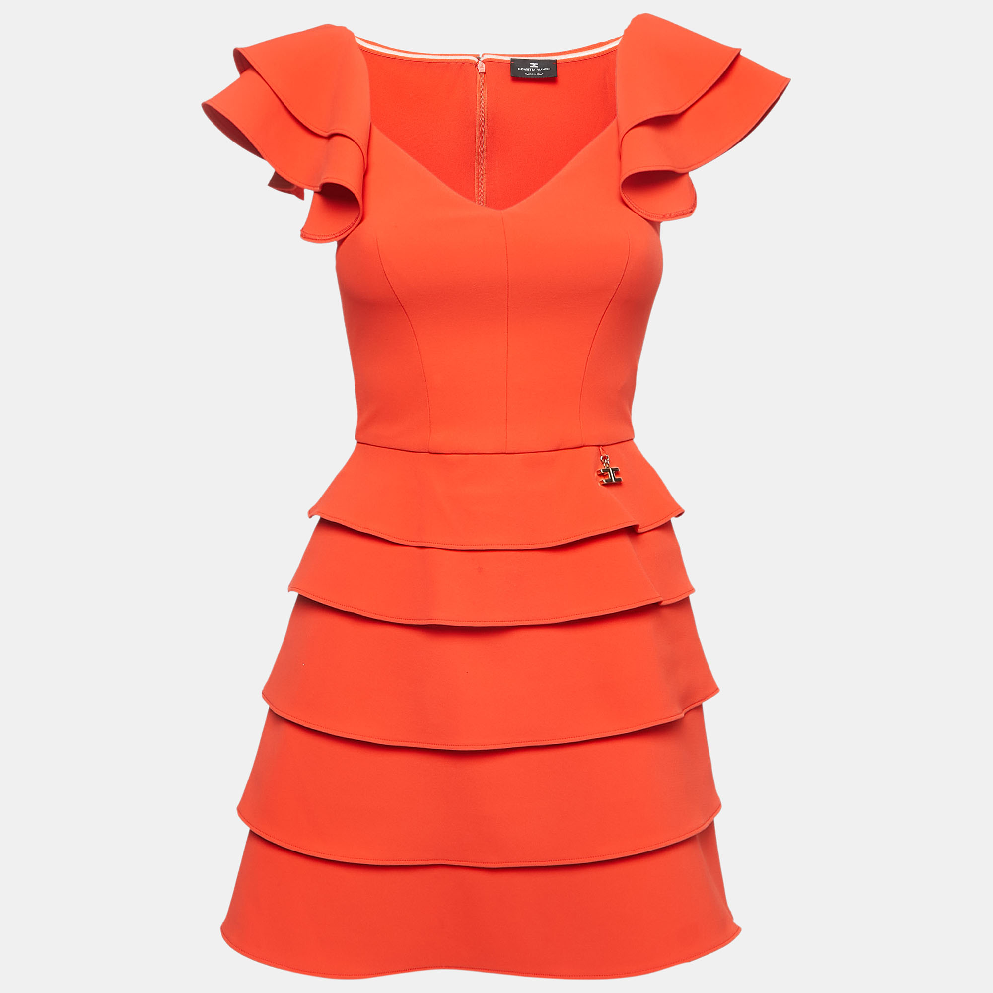 Pre-owned Elisabetta Franchi Orange Crepe Tiered Mini Dress S
