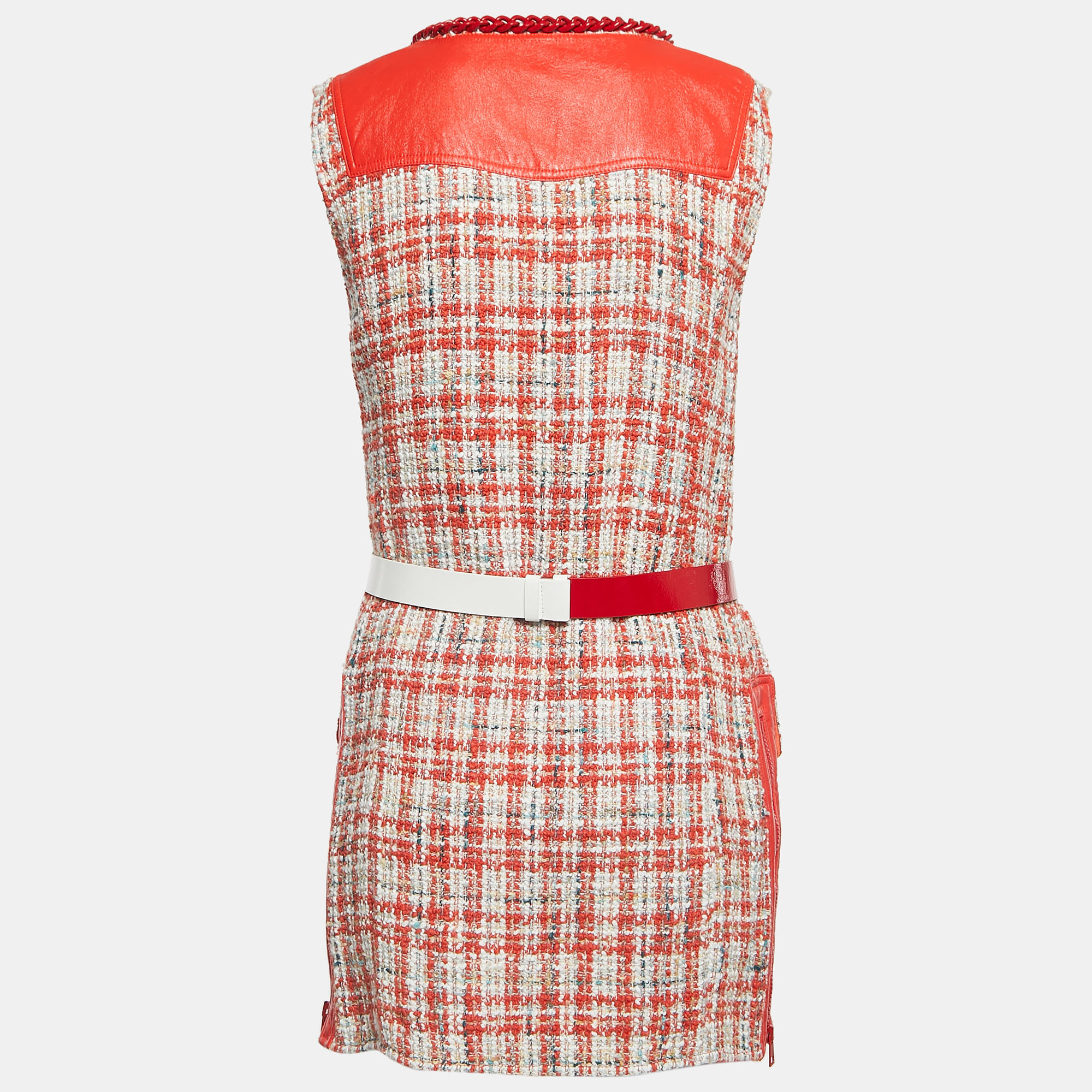 

Elisabetta Franchi Red Tweed Zip Front Belted Sleeveless Mini Dress