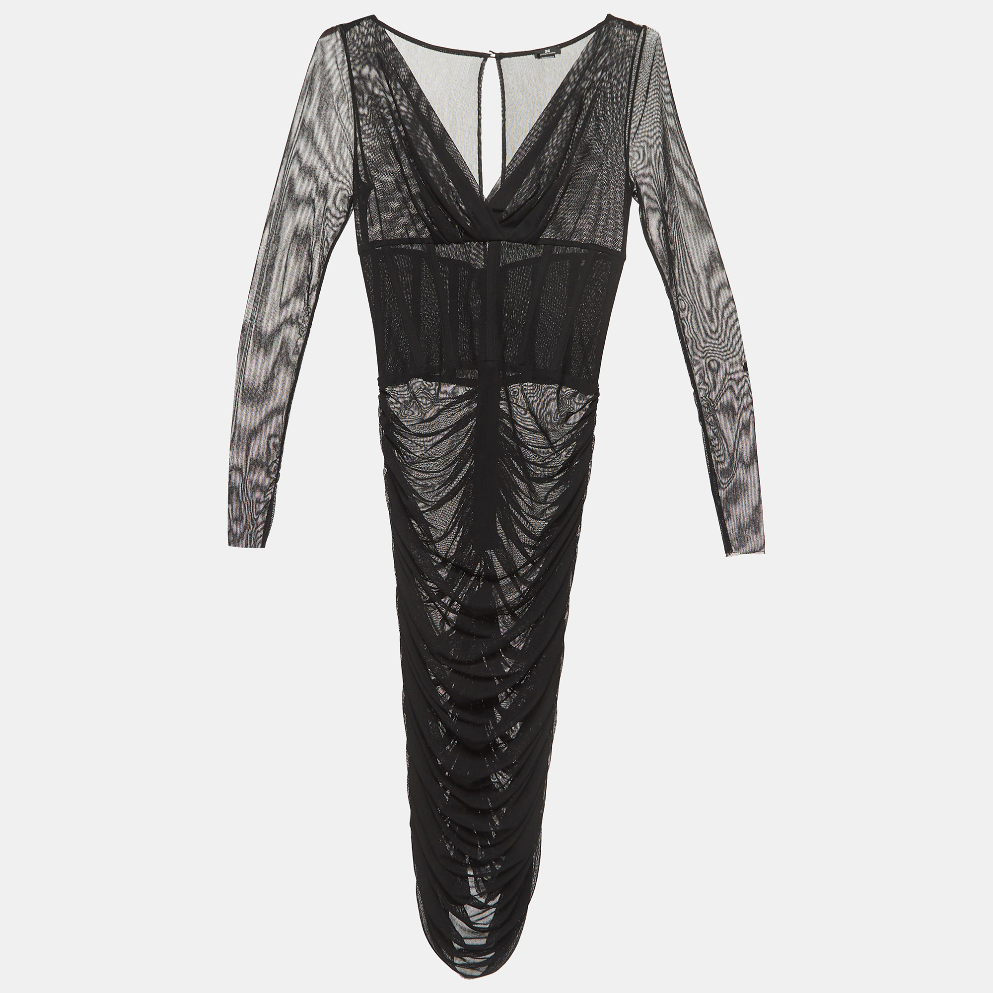 Pre-owned Elisabetta Franchi Black Ruched Mesh Midi Dress M
