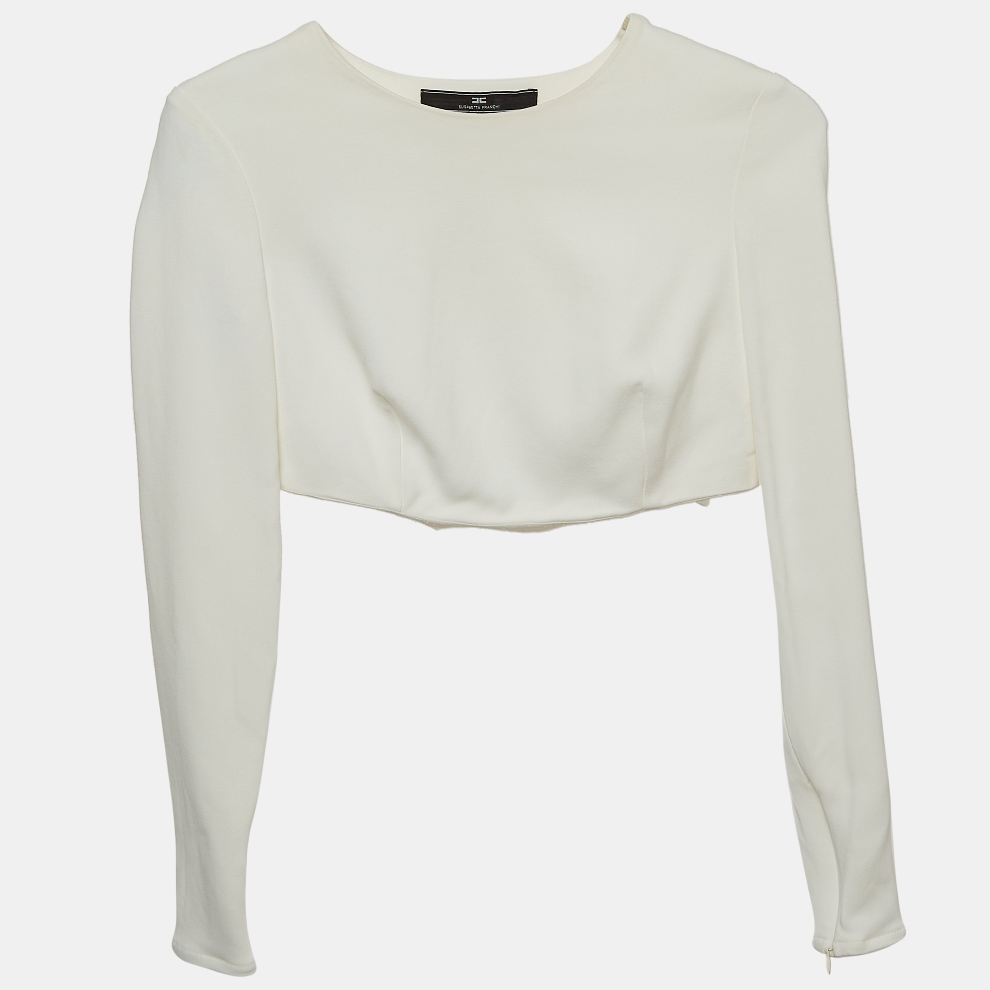 Pre-owned Elisabetta Franchi Off-white Crepe Long Sleeve Crop Top S
