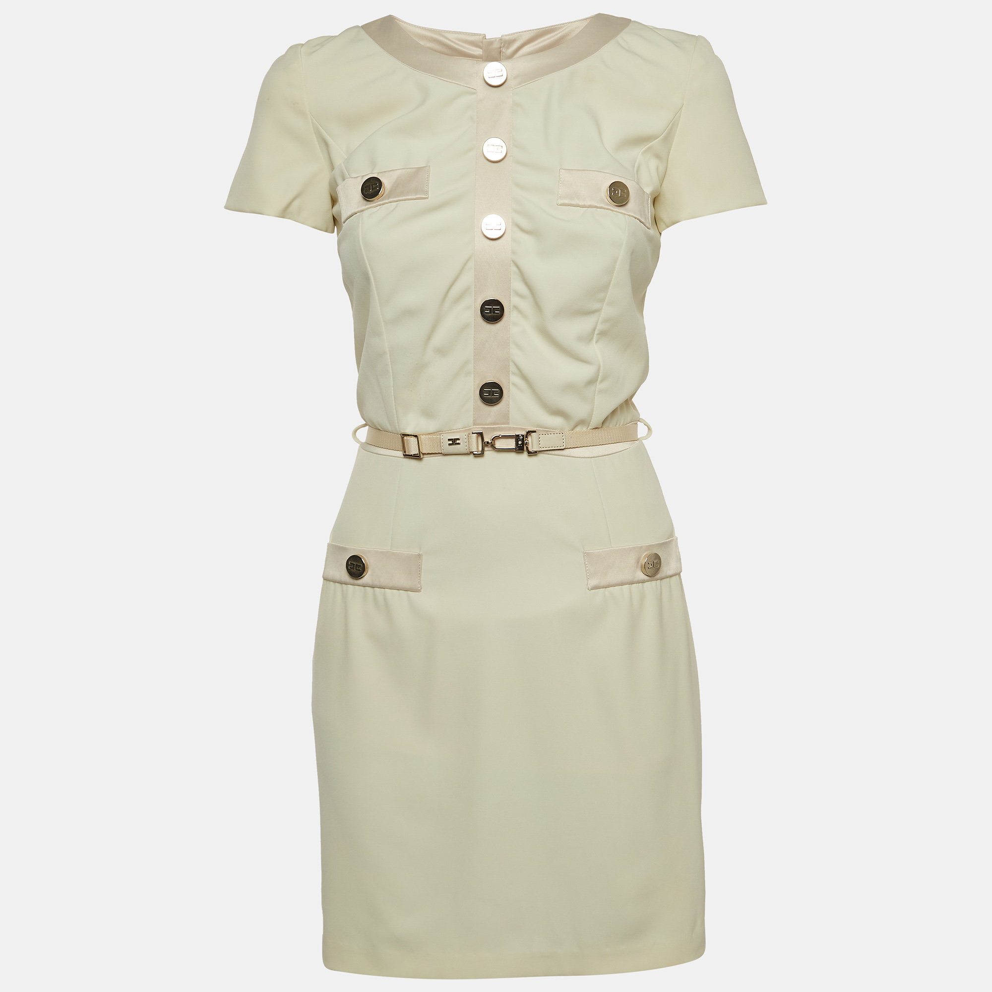 Pre-owned Elisabetta Franchi Cream Crepe Button Detail Belted Mini Dress S