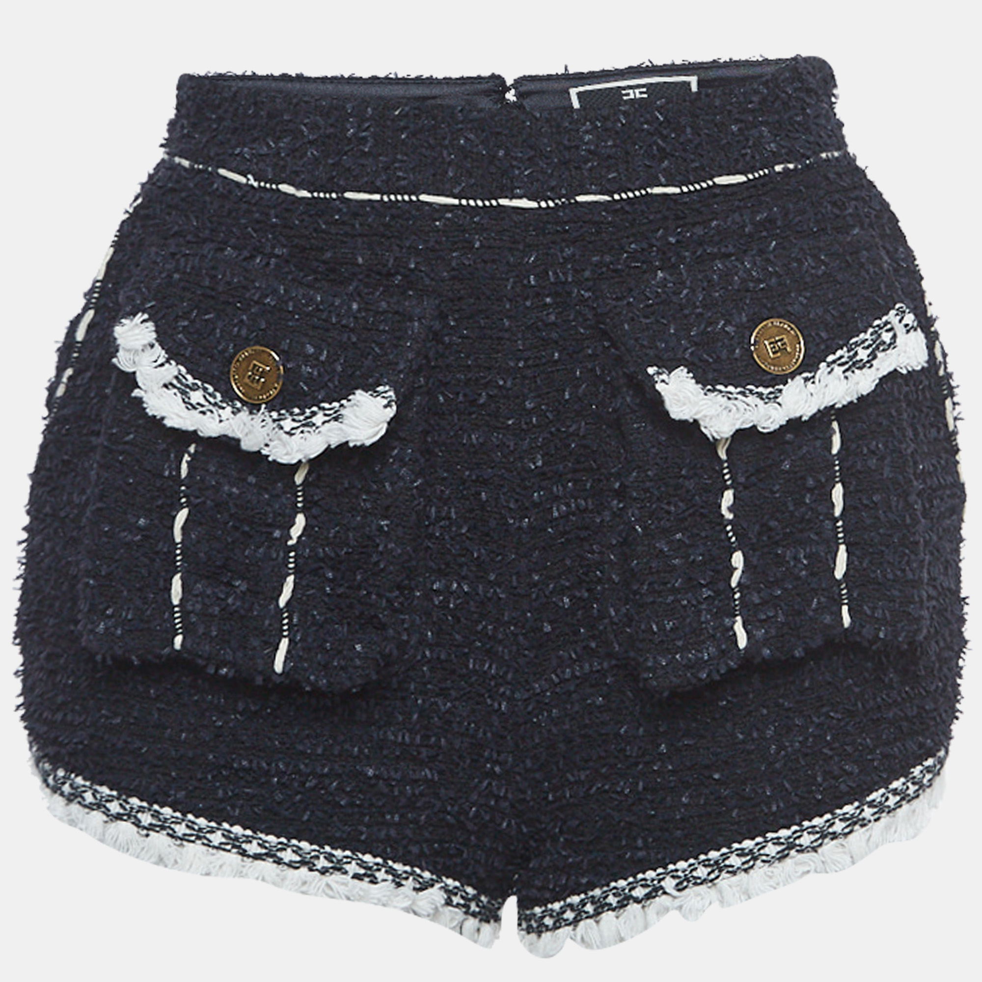 

Elisabetta Franchi Navy Blue Tweed Fringed Mini Shorts