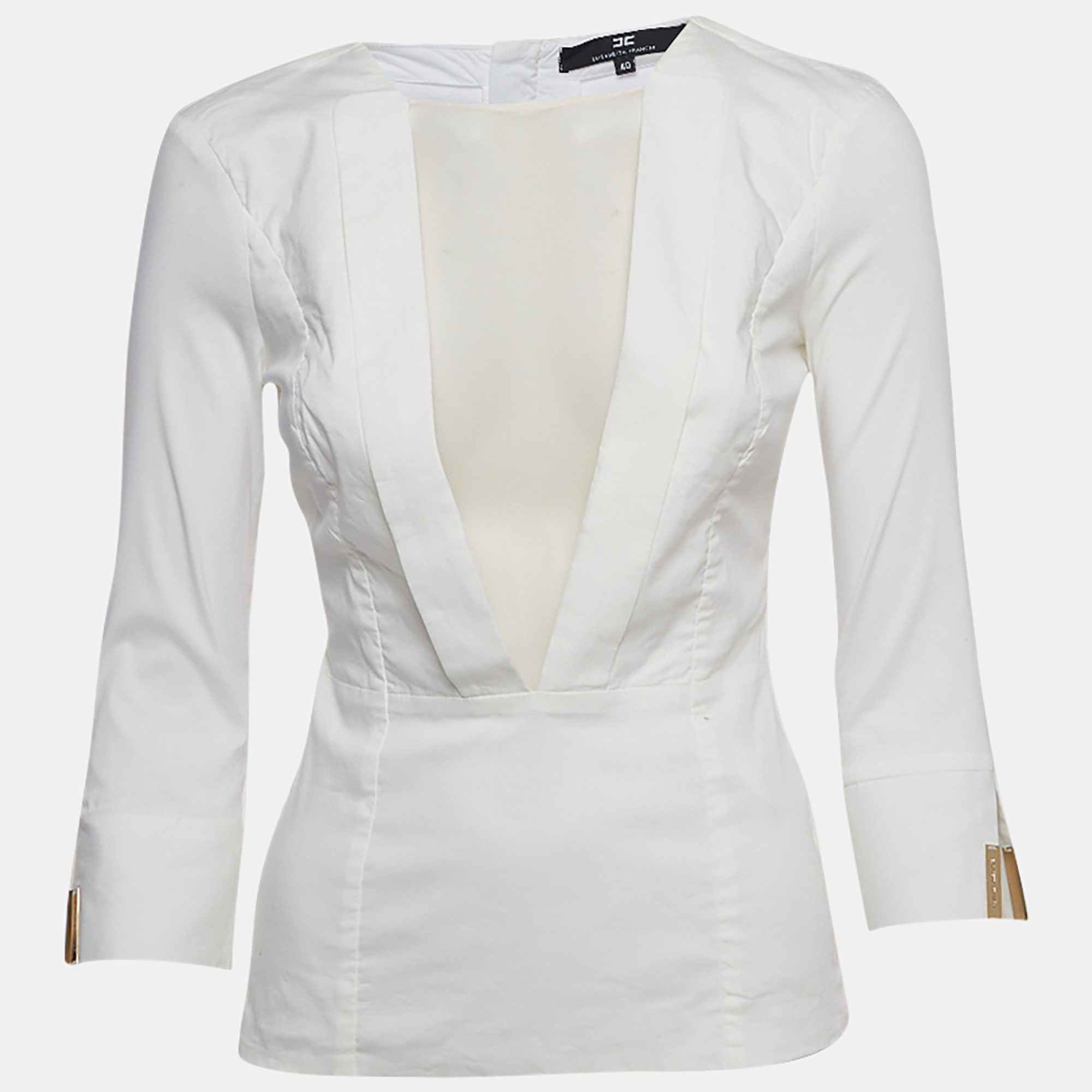 Pre-owned Elisabetta Franchi White Cotton Blend Long Sleeve Top S