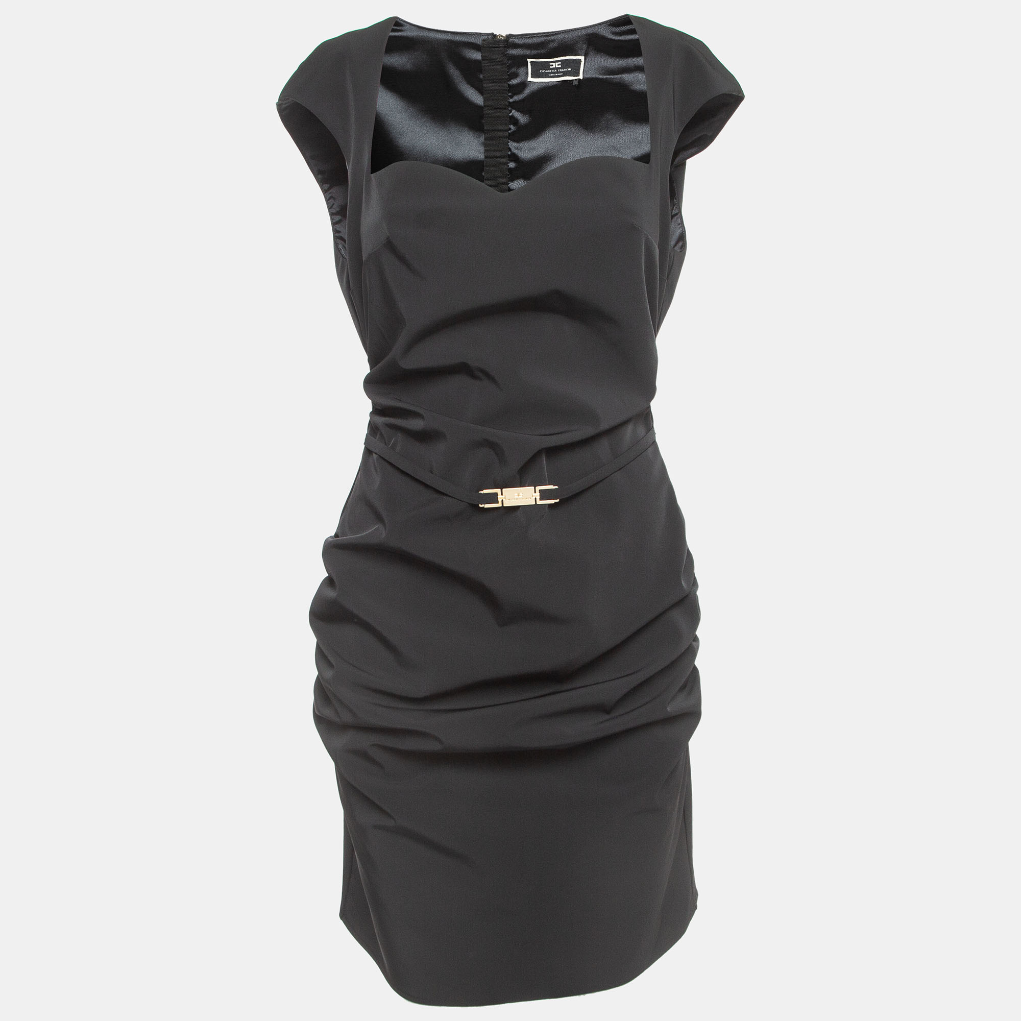 Pre Owned Elisabetta Franchi Black Synthetic Ruched Mini Dress L