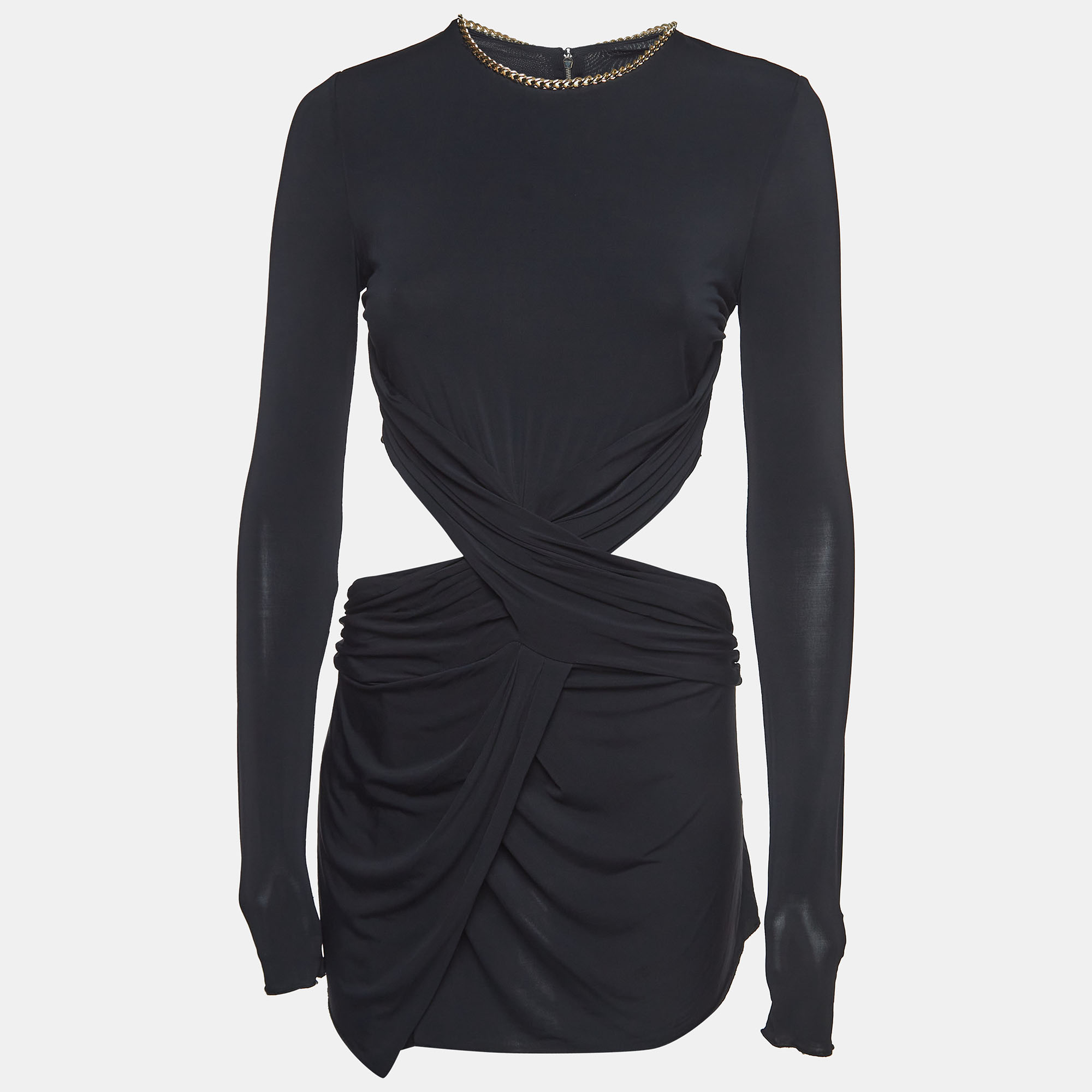Pre-owned Elisabetta Franchi Black Jersey Chain Detail Cut-out Mini Dress M
