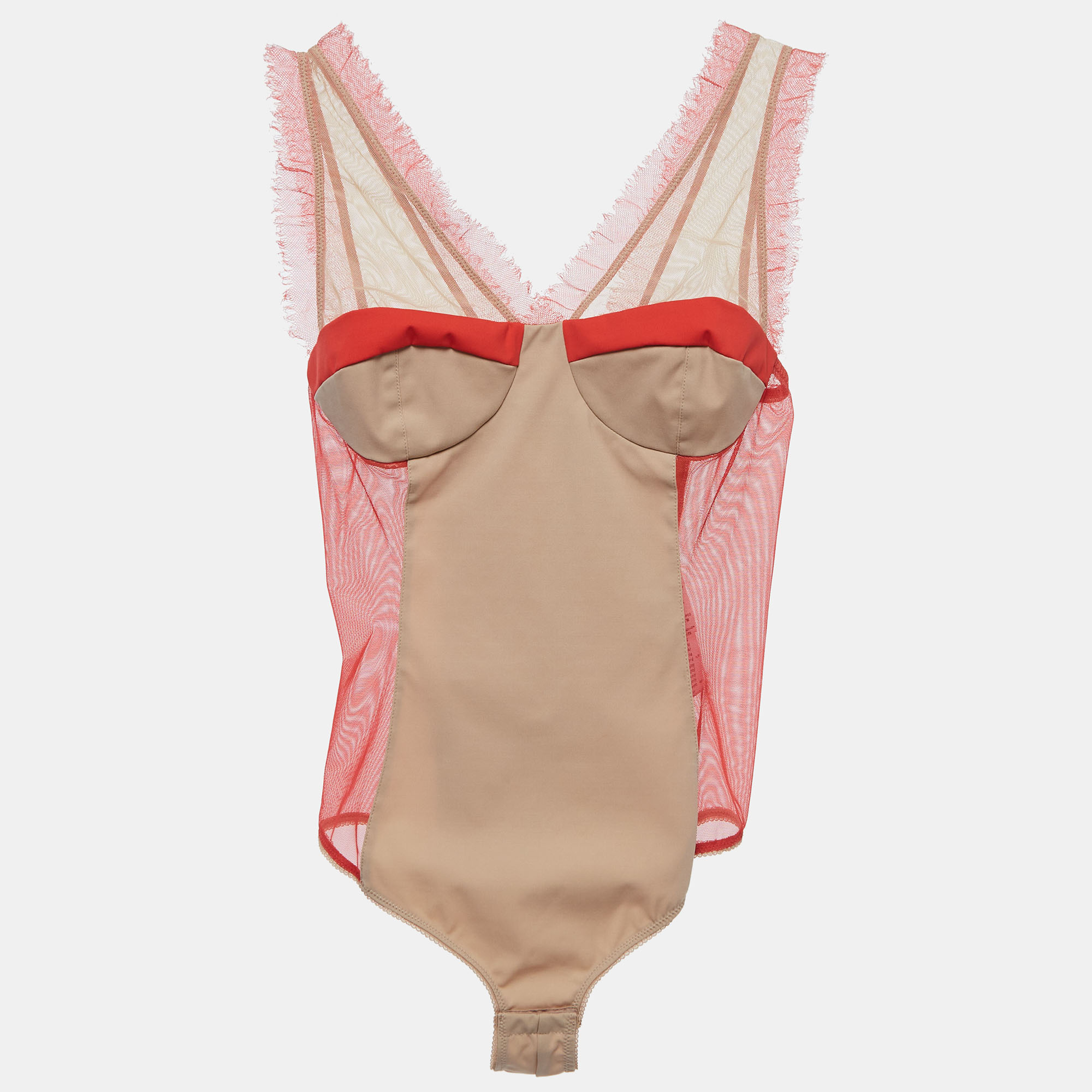 

Elisabetta Franchi Beige/Coral Pink Stretch Knit Sleeveless Bodysuit