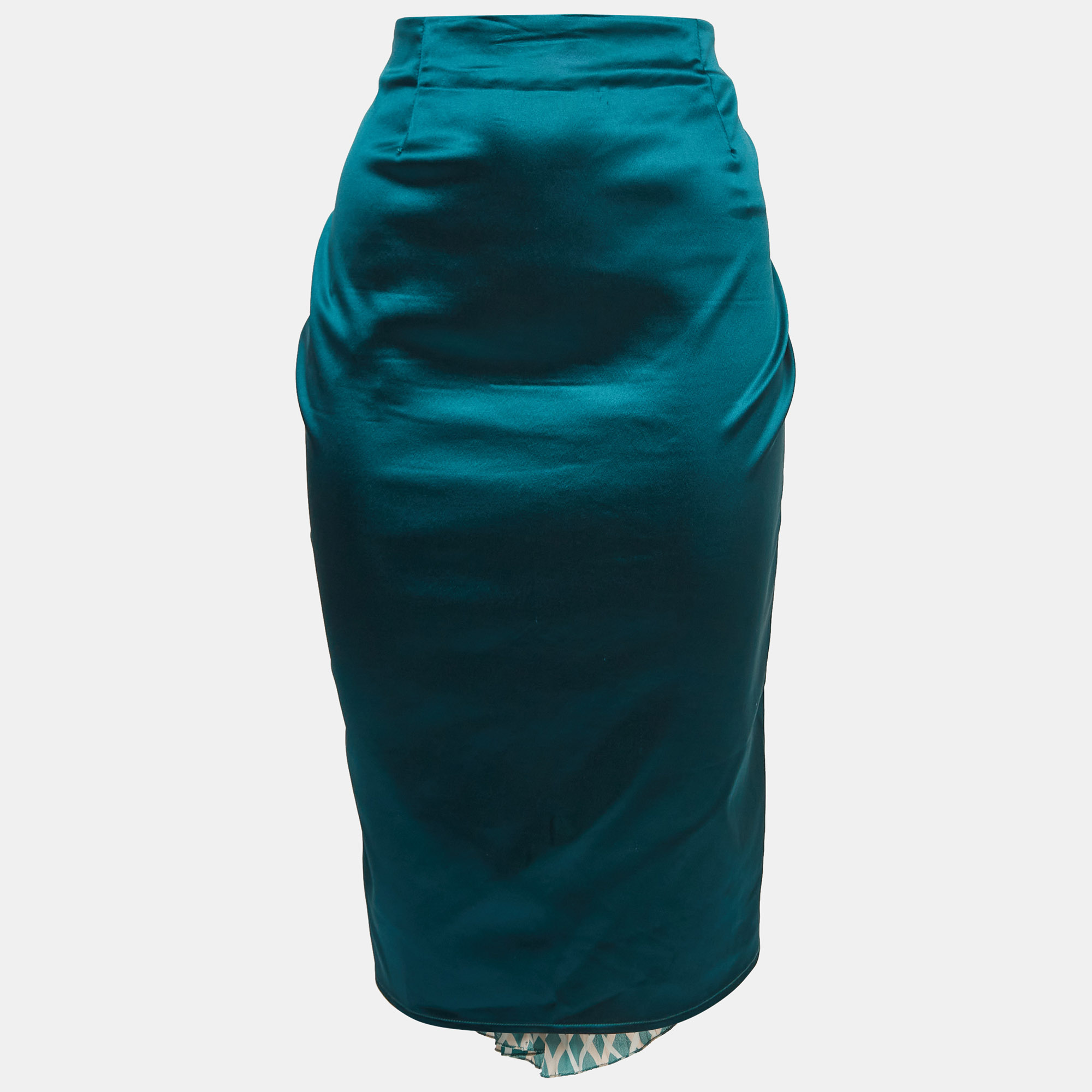 

Elisabetta Franchi Green Satin Pleated Crepe Detail Midi Skirt