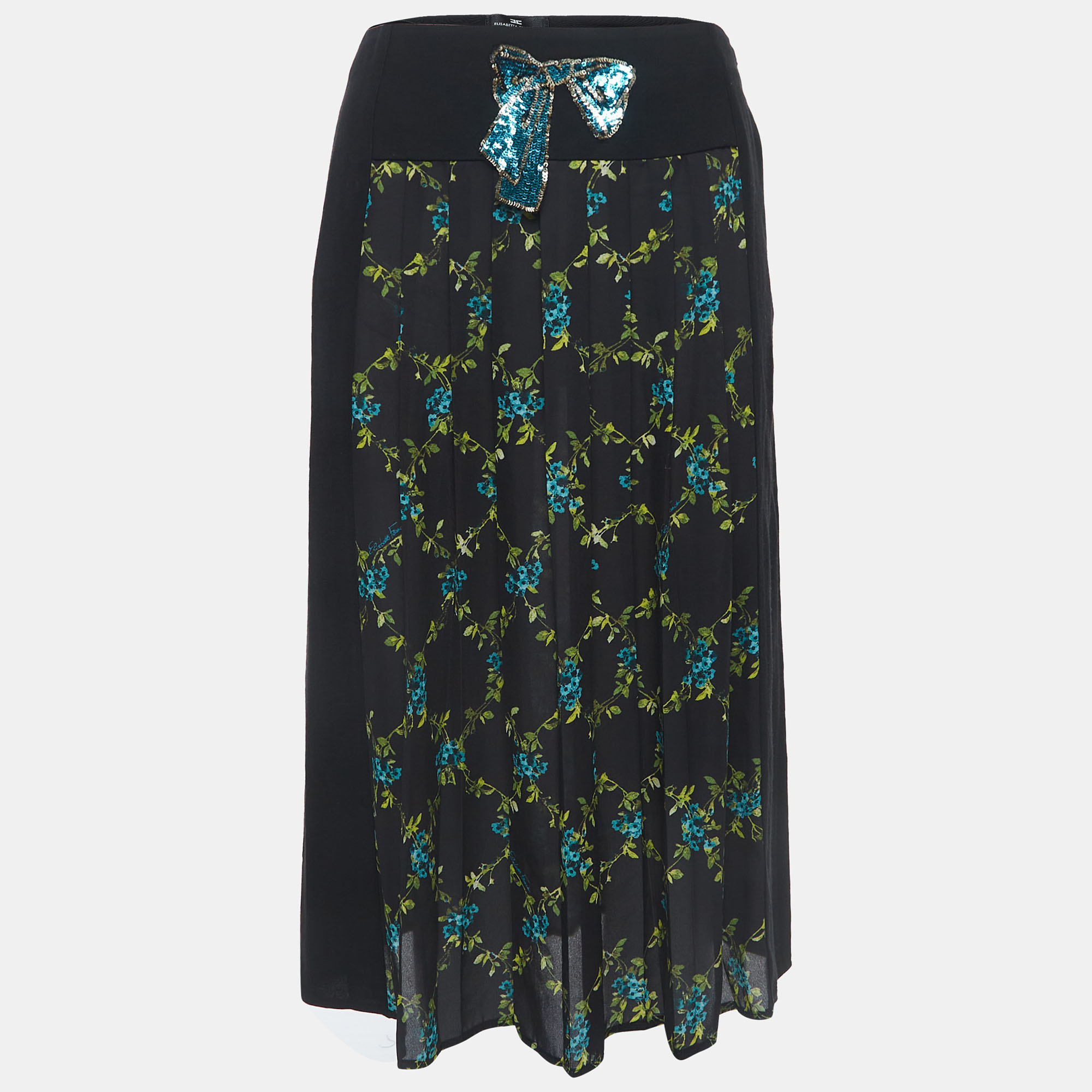

Elisabetta Franchi Black Floral Print Crepe Pleated Semi Sheer Midi Skirt