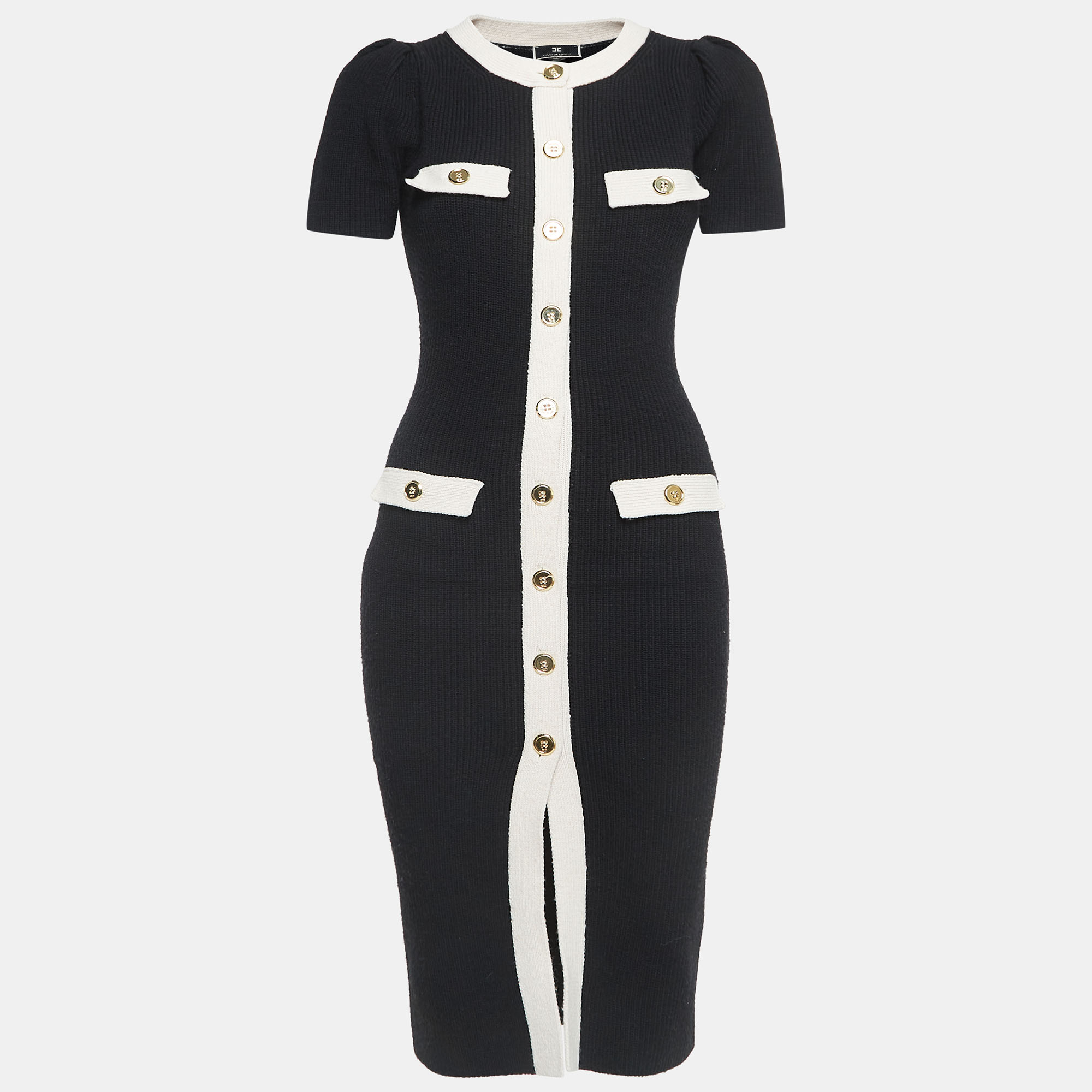 Pre-owned Elisabetta Franchi Black Wool Blend Knit Buttoned Midi Dress S