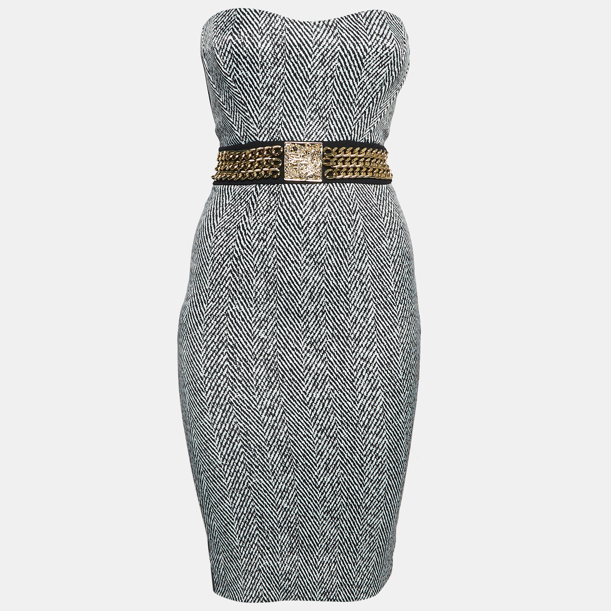 

Elisabetta Franchi Black Print Nylon Blend Chain Detail Strapless Mini Dress