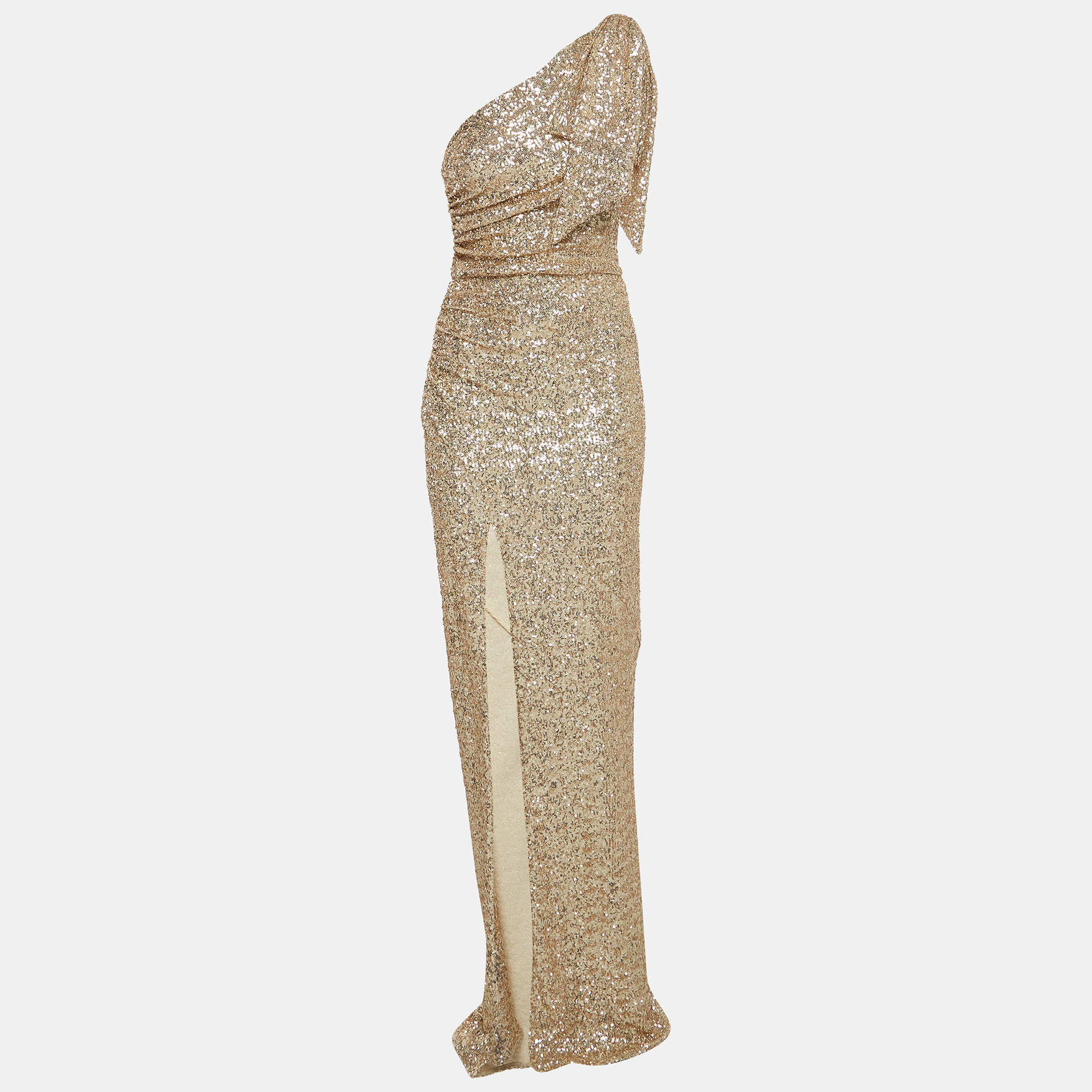 Pre Owned Elisabetta Franchi Gold Sequin Ruched One Shoulder Gown M