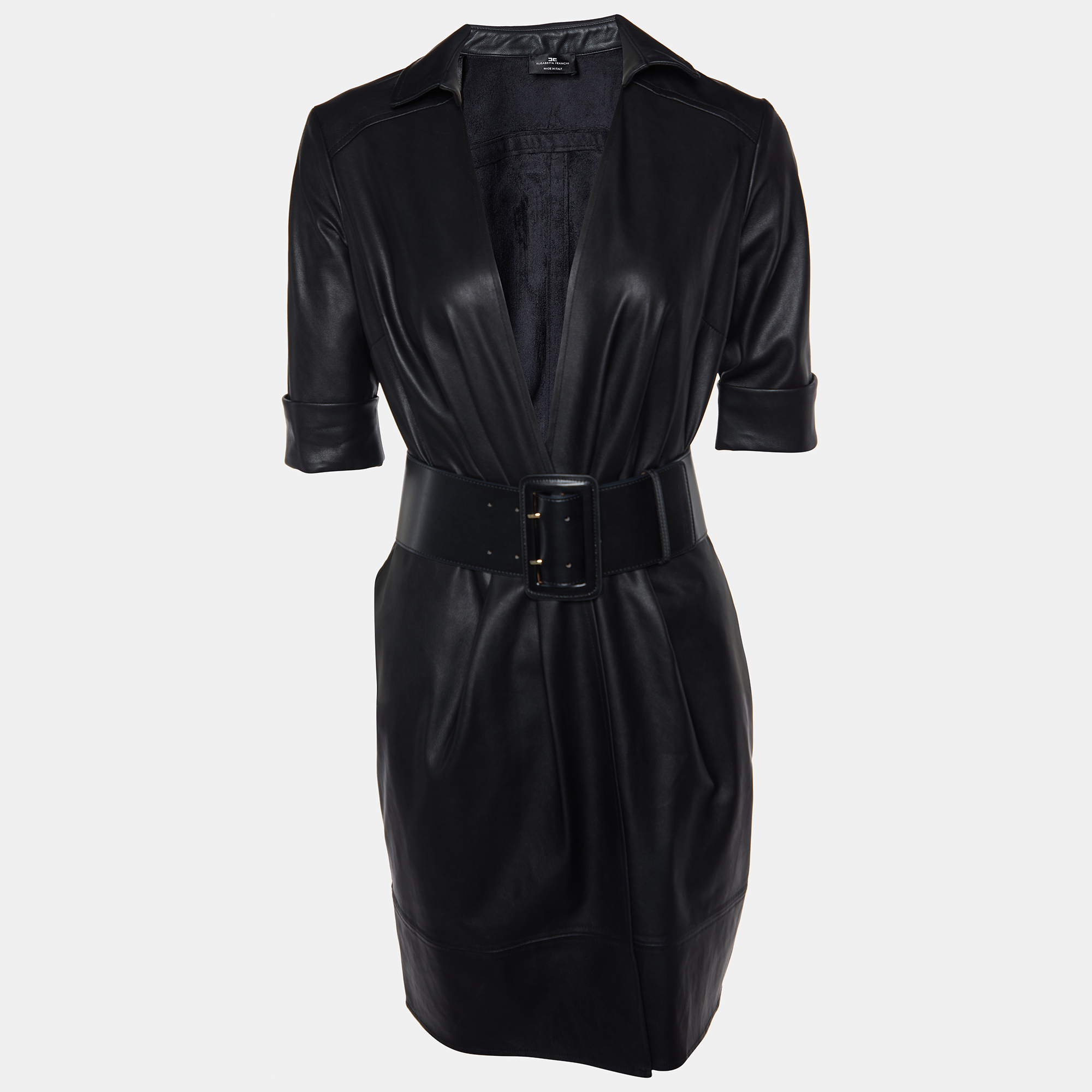 Pre Owned Elisabetta Franchi Black Faux Leather Belted Wrap Dress S